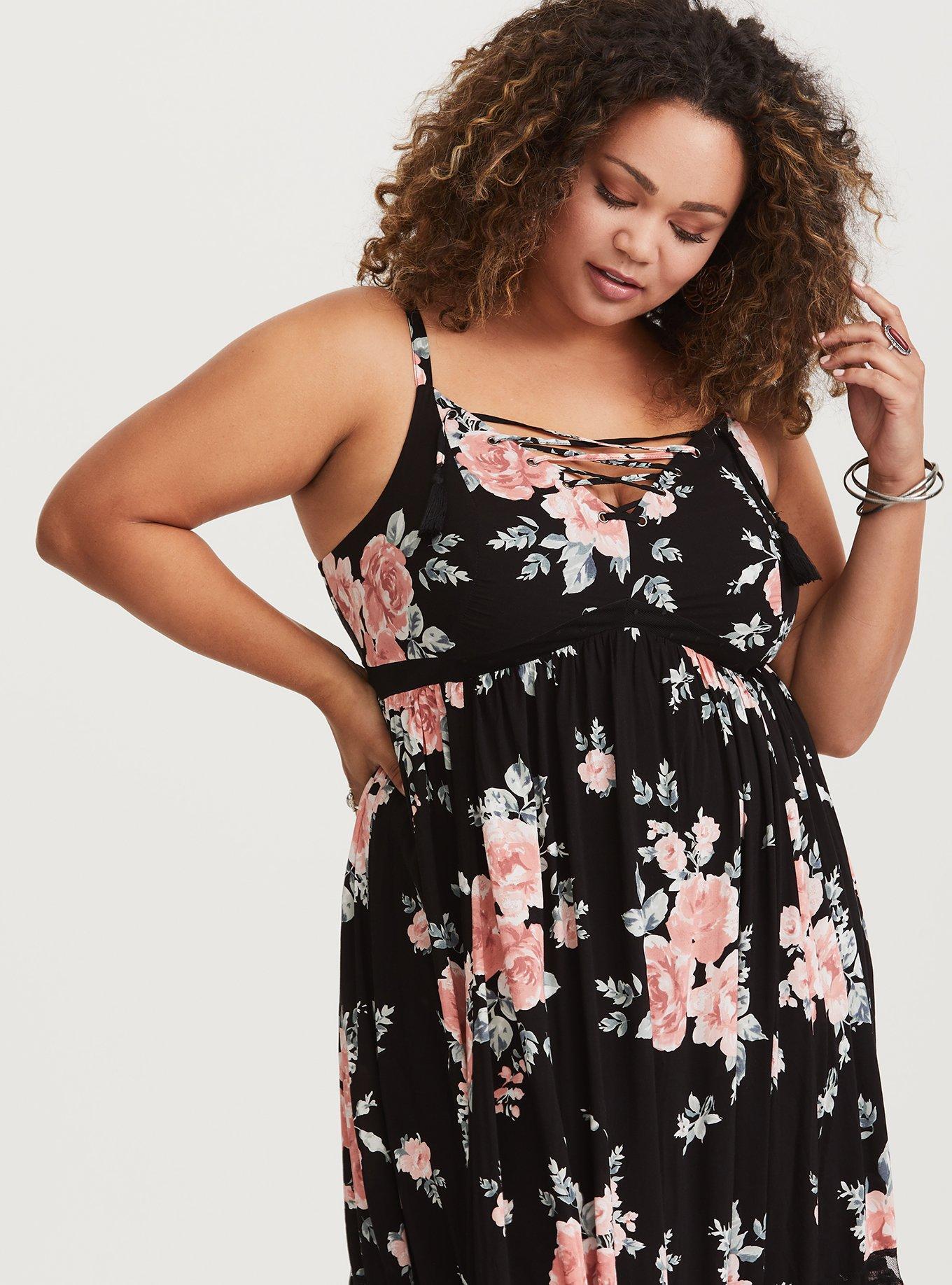 Plus Size - Black Floral Tassel Maxi Dress (Short Inseam Now