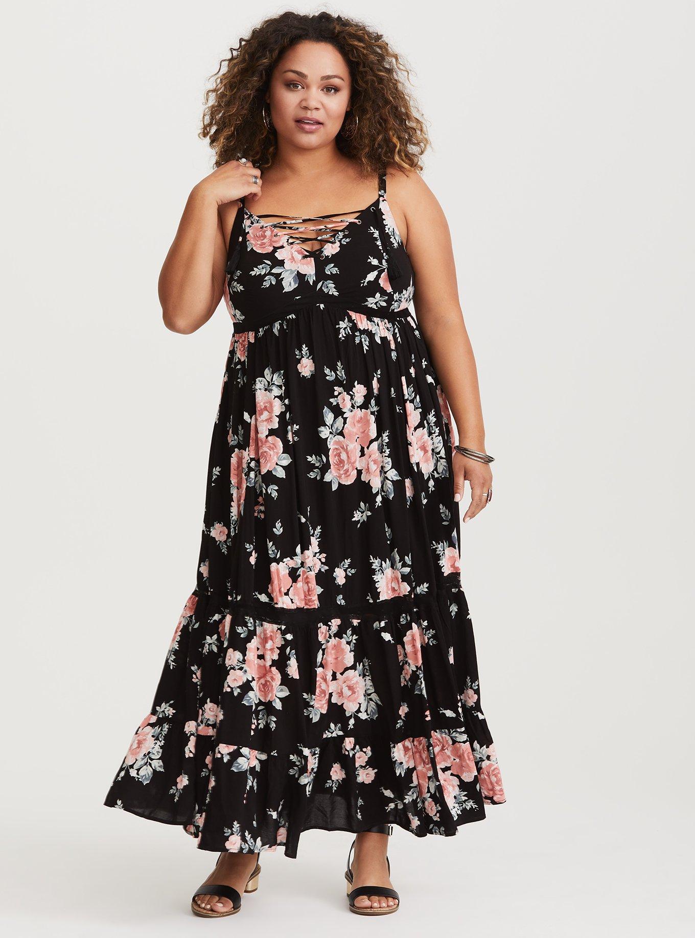 Womens Torrid Black Floral Challis Tie Strap Smocked Midi Dress 0