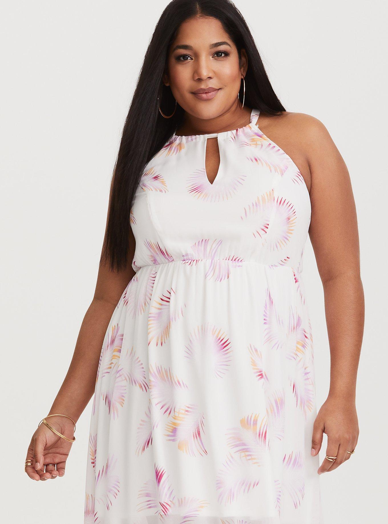 Plus Size - White Palm Leaf Chiffon Maxi Dress (Short Inseam Now