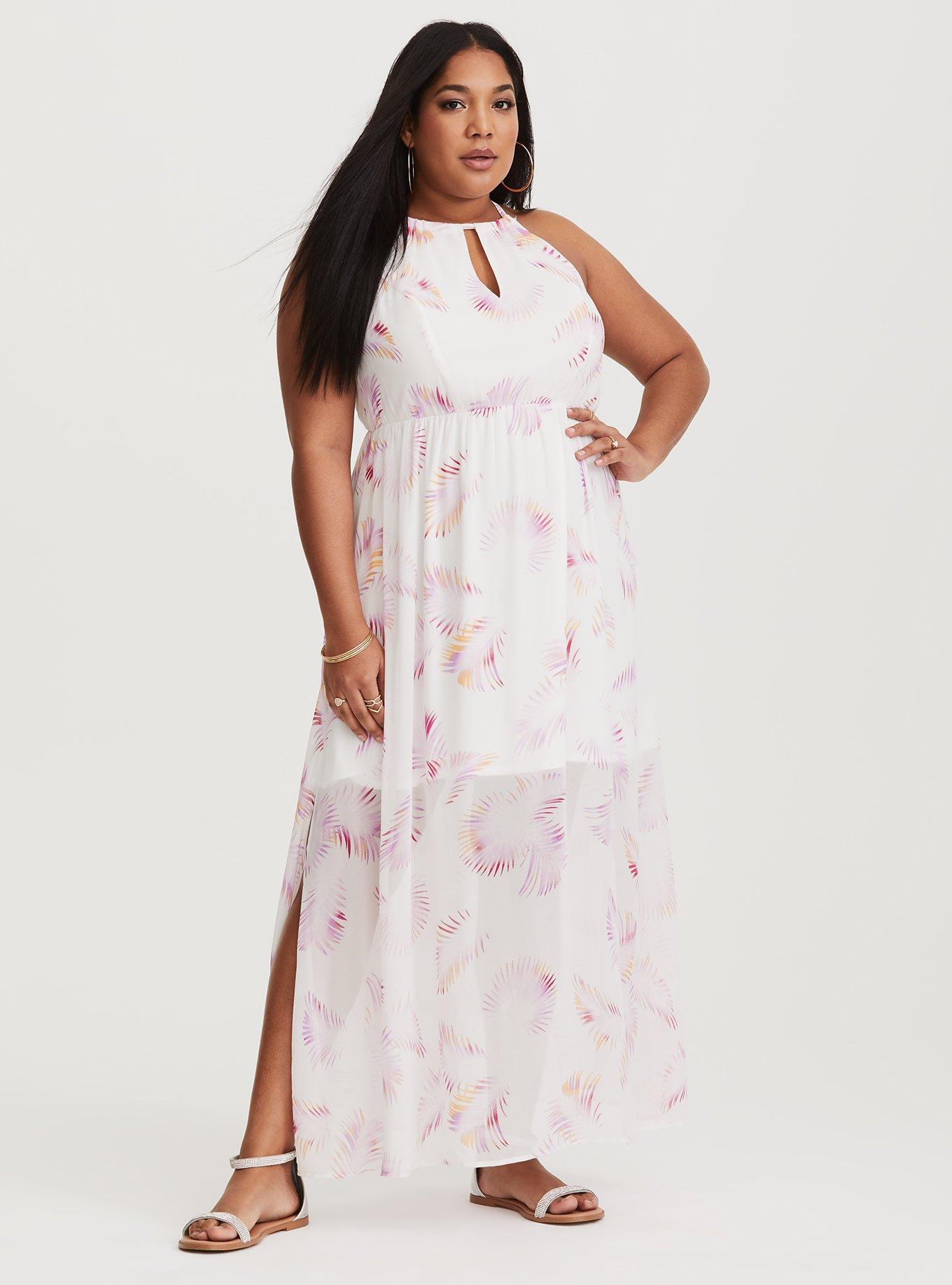 Plus Size - White Palm Leaf Chiffon Maxi Dress (Short Inseam Now ...