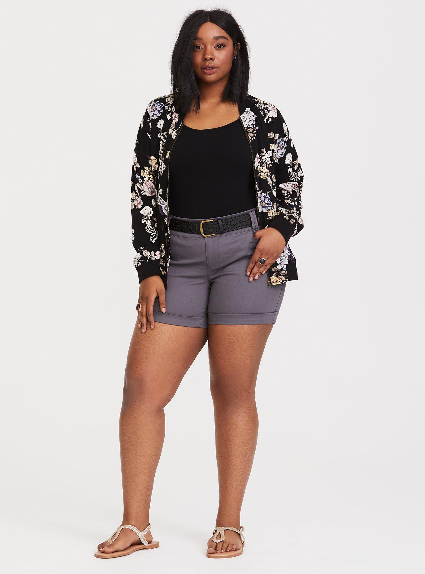 Plus Size Grey Belted Sateen Short - 5" Inseam, TORNADO, alternate