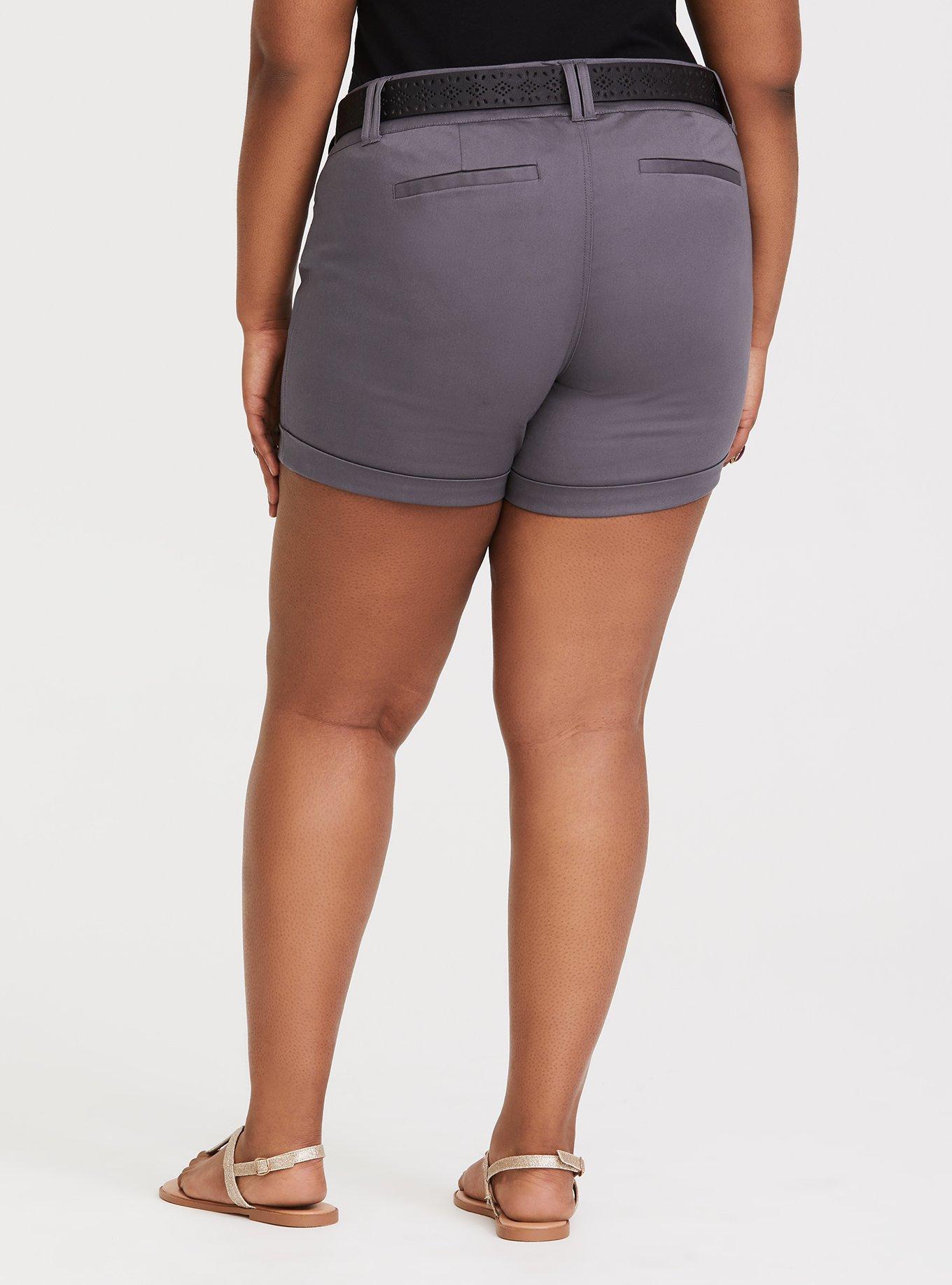 Plus Size Grey Belted Sateen Short - 5" Inseam, TORNADO, alternate