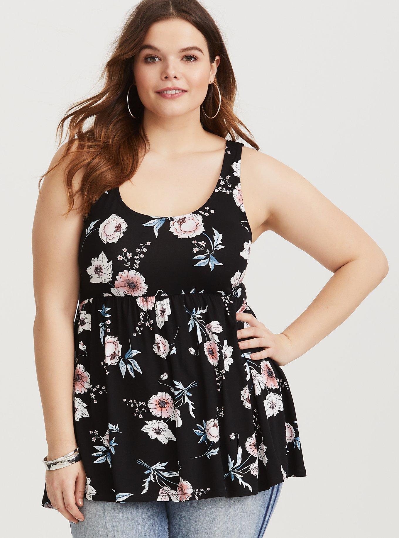 Plus Size - Black Floral Knit Babydoll Tank - Torrid