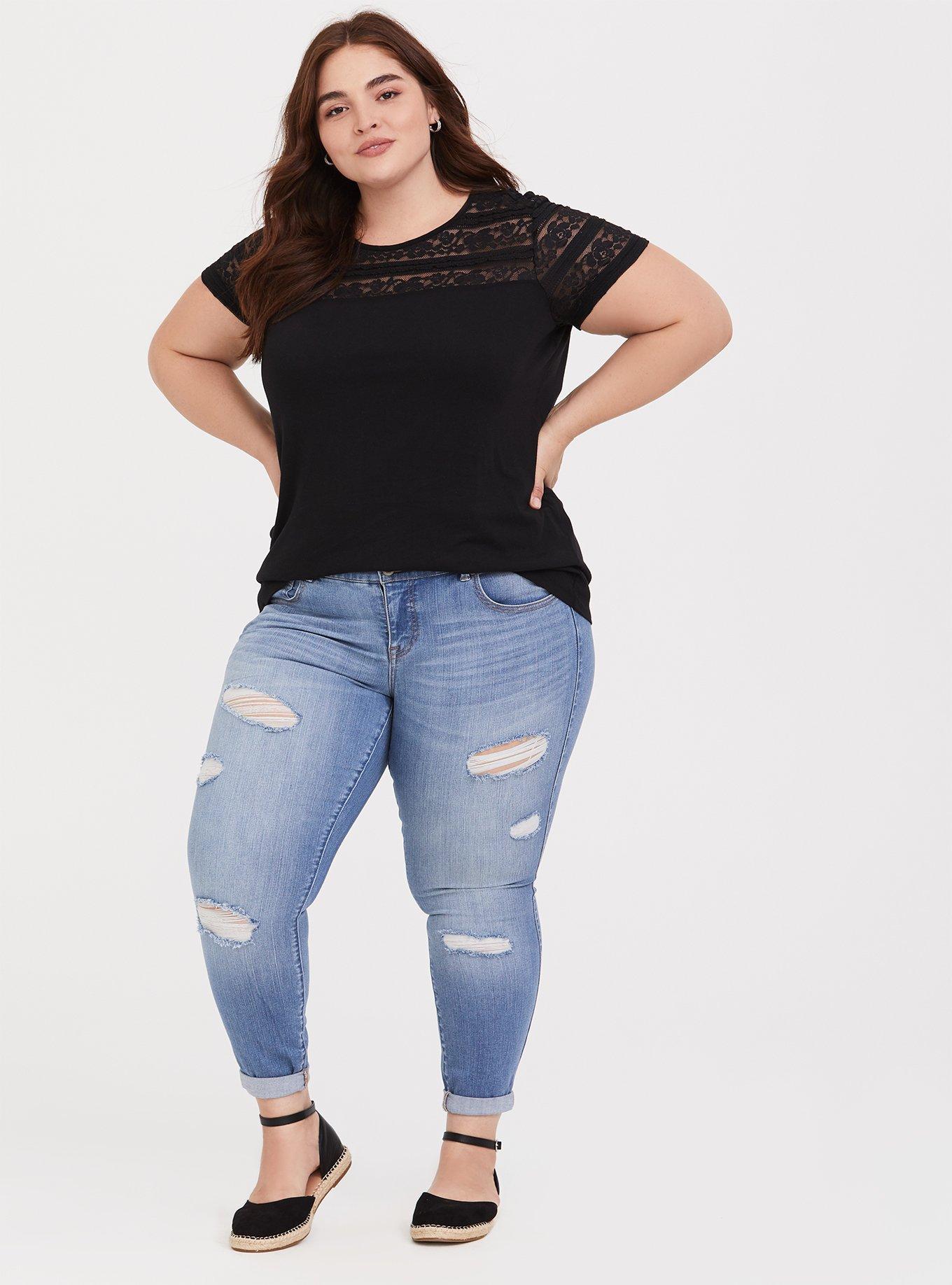 Heritage Slub Crew Neck Lace Inset Tee, BLACK, alternate