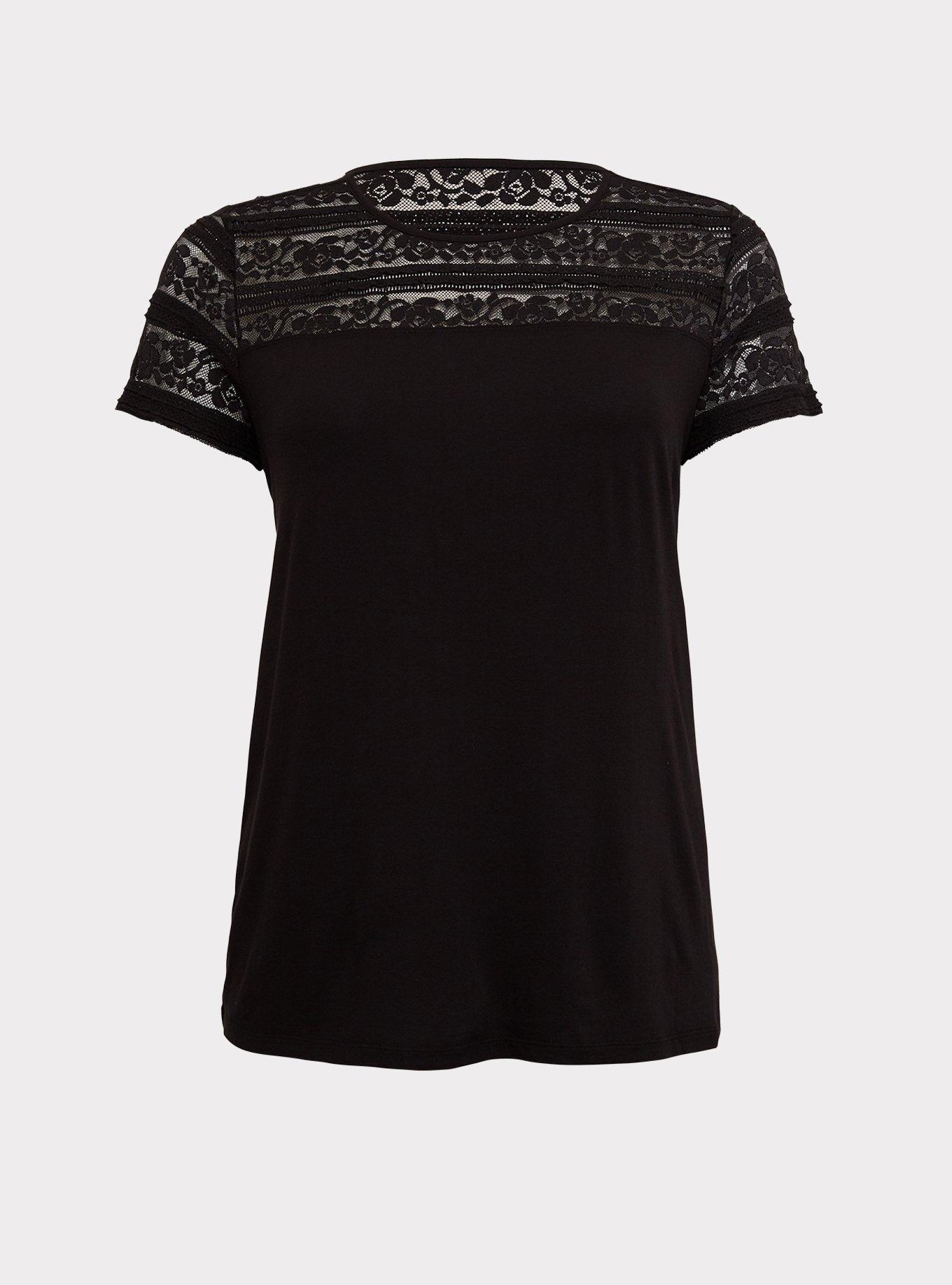 Heritage Slub Crew Neck Lace Inset Tee, BLACK, hi-res
