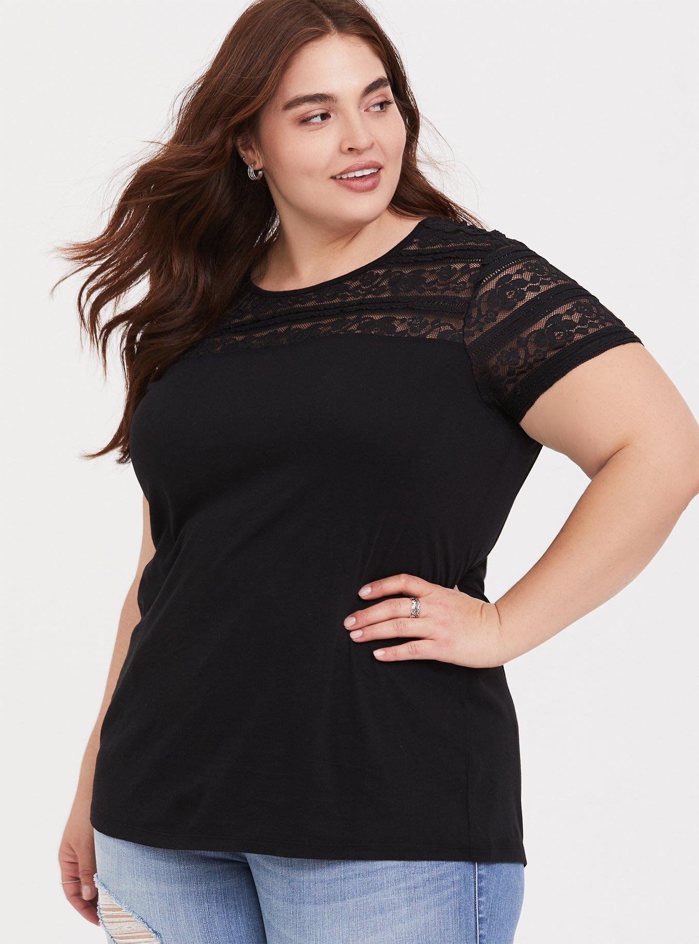 Heritage Slub Crew Neck Lace Inset Tee, BLACK, hi-res