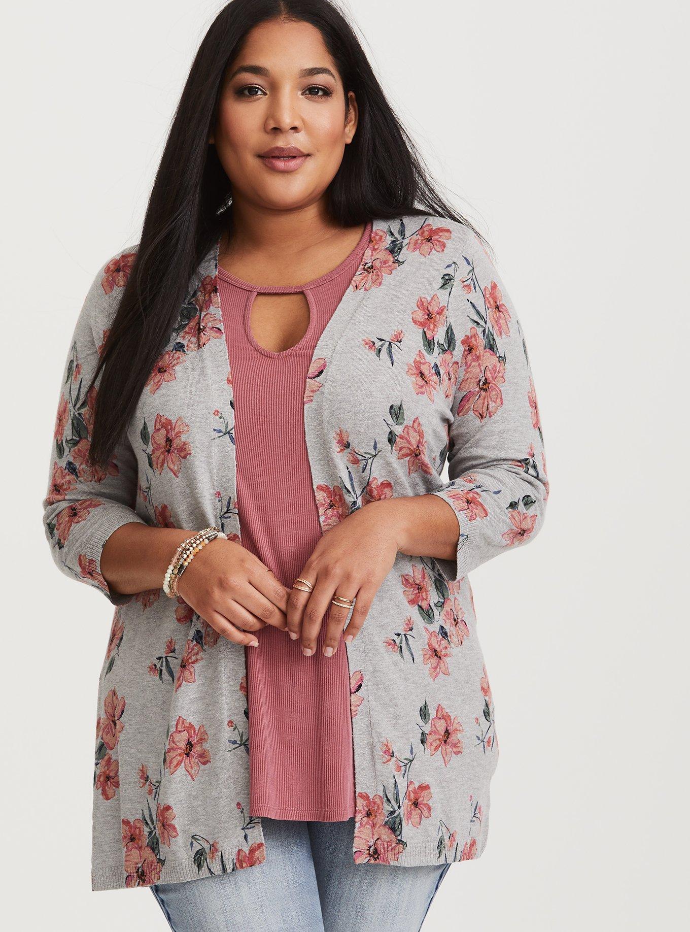 Plus Size - Heather Grey Floral Knit Cardigan - Torrid