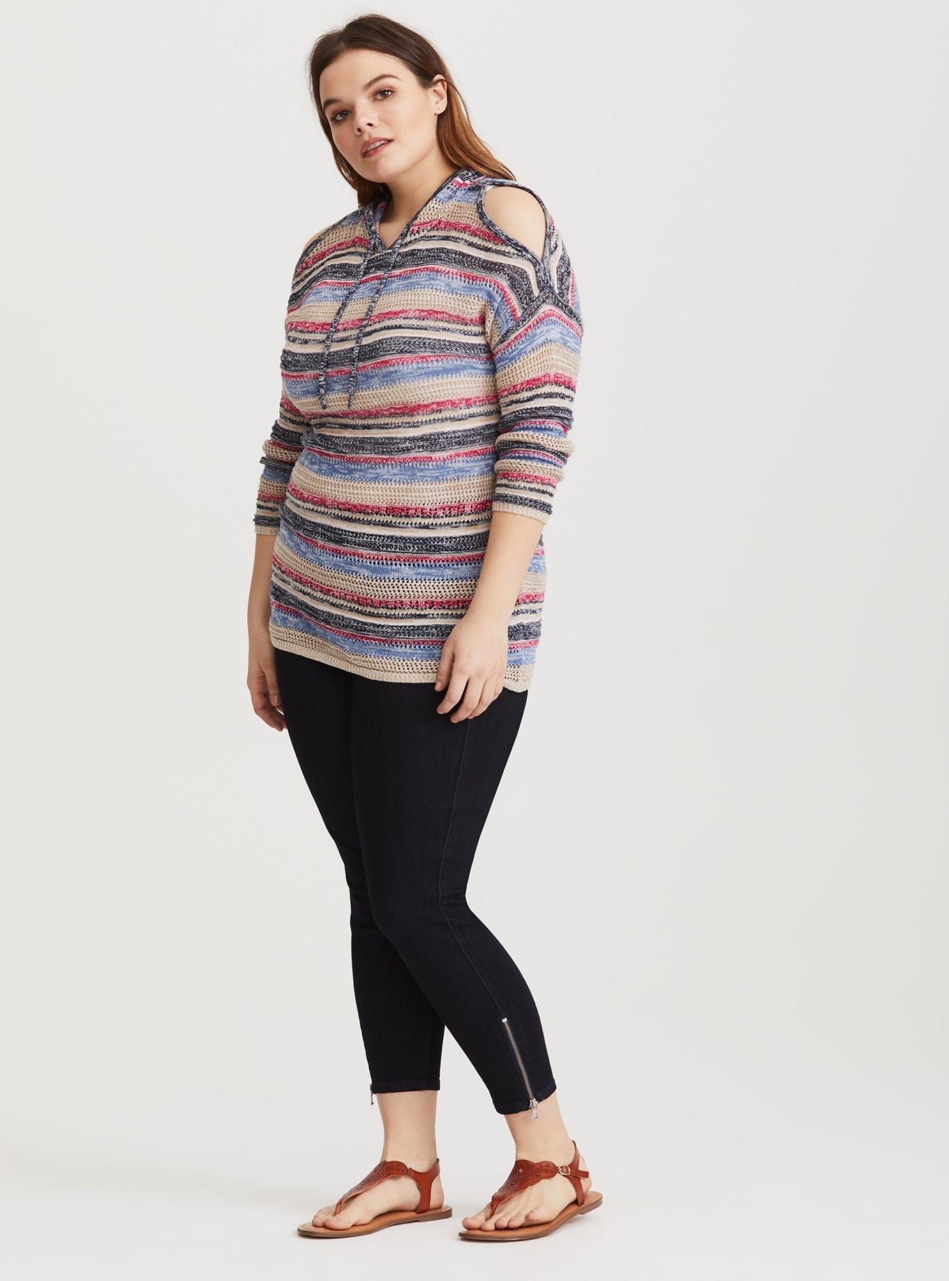Plus Size Stripe Hoodie Knit Tunic, NONEC, alternate