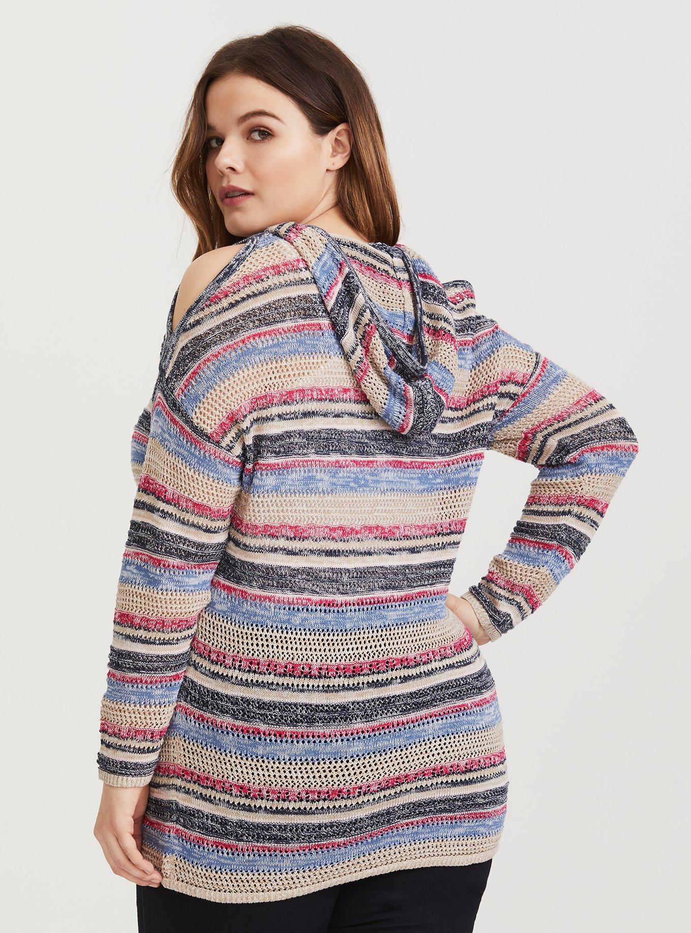 Plus Size Stripe Hoodie Knit Tunic, NONEC, alternate