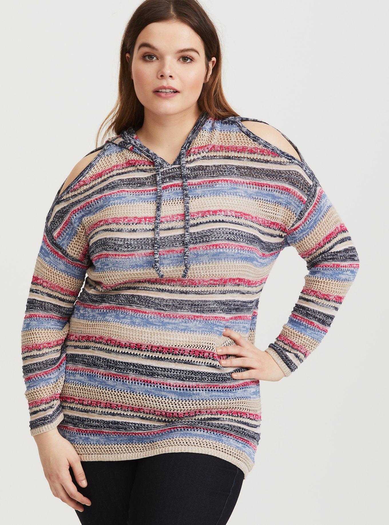 Plus Size Stripe Hoodie Knit Tunic, NONEC, alternate