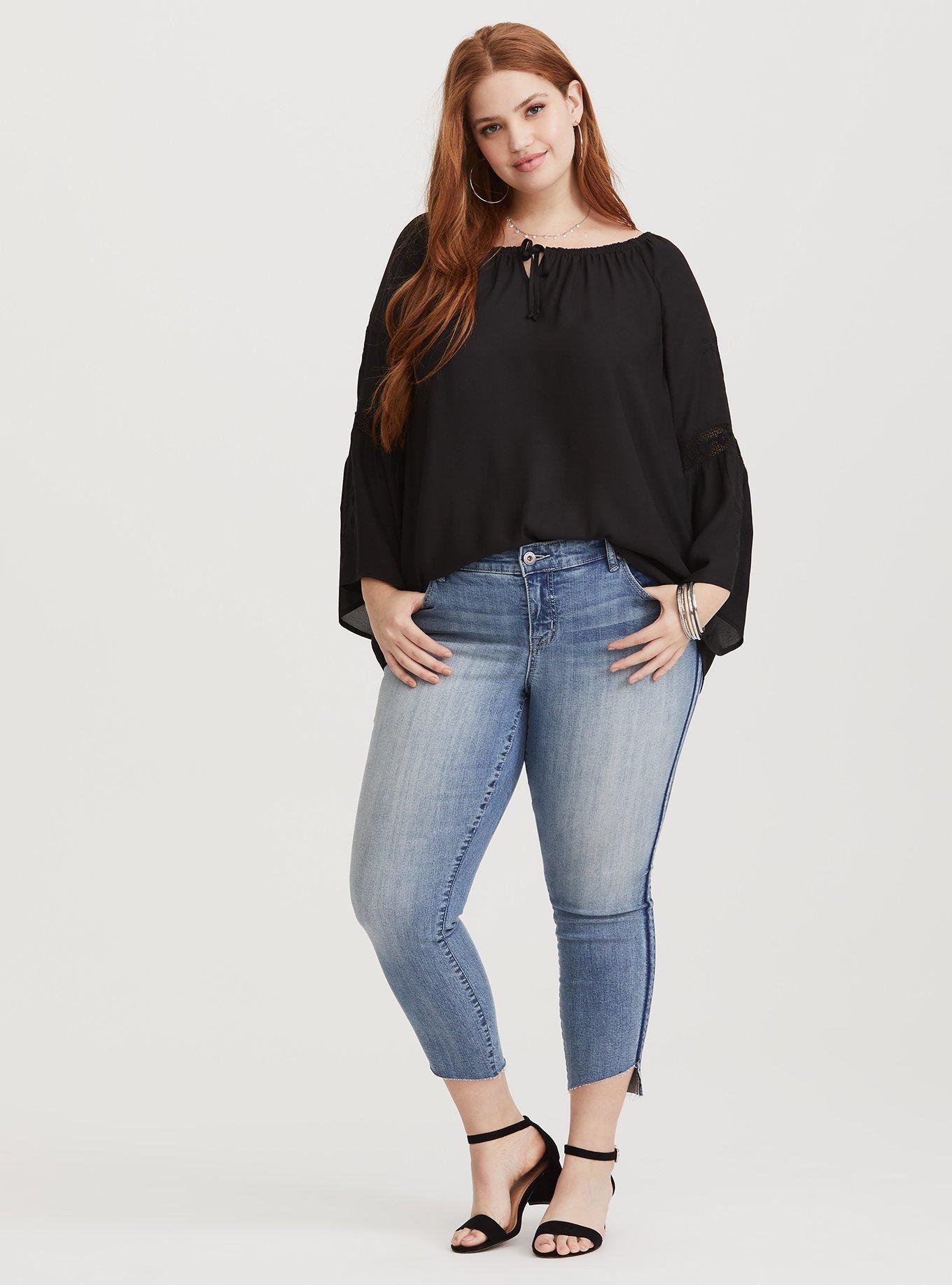 Plus Size Black Semi-Sheer Bell Crepe Blouse, DEEP BLACK, alternate