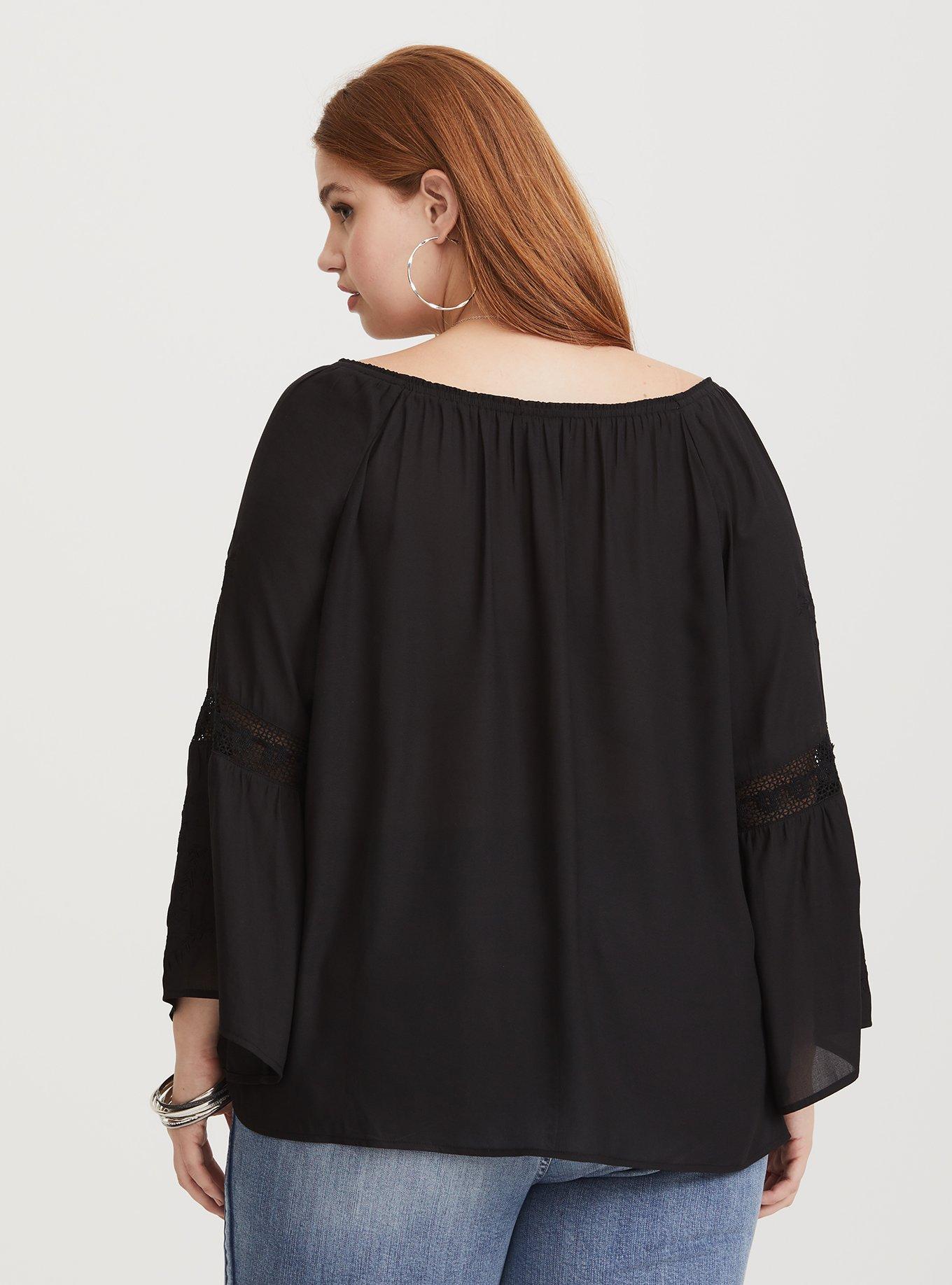 Plus Size Black Semi-Sheer Bell Crepe Blouse, DEEP BLACK, alternate