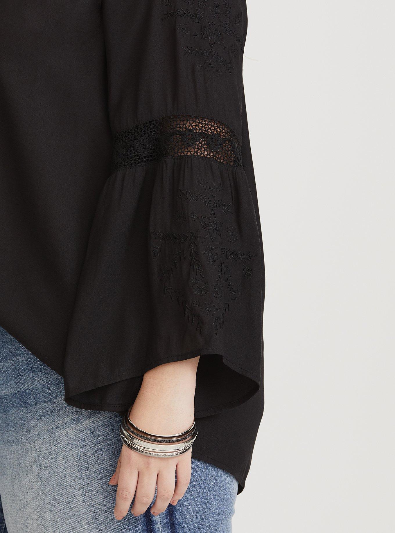 Plus Size Black Semi-Sheer Bell Crepe Blouse, DEEP BLACK, alternate