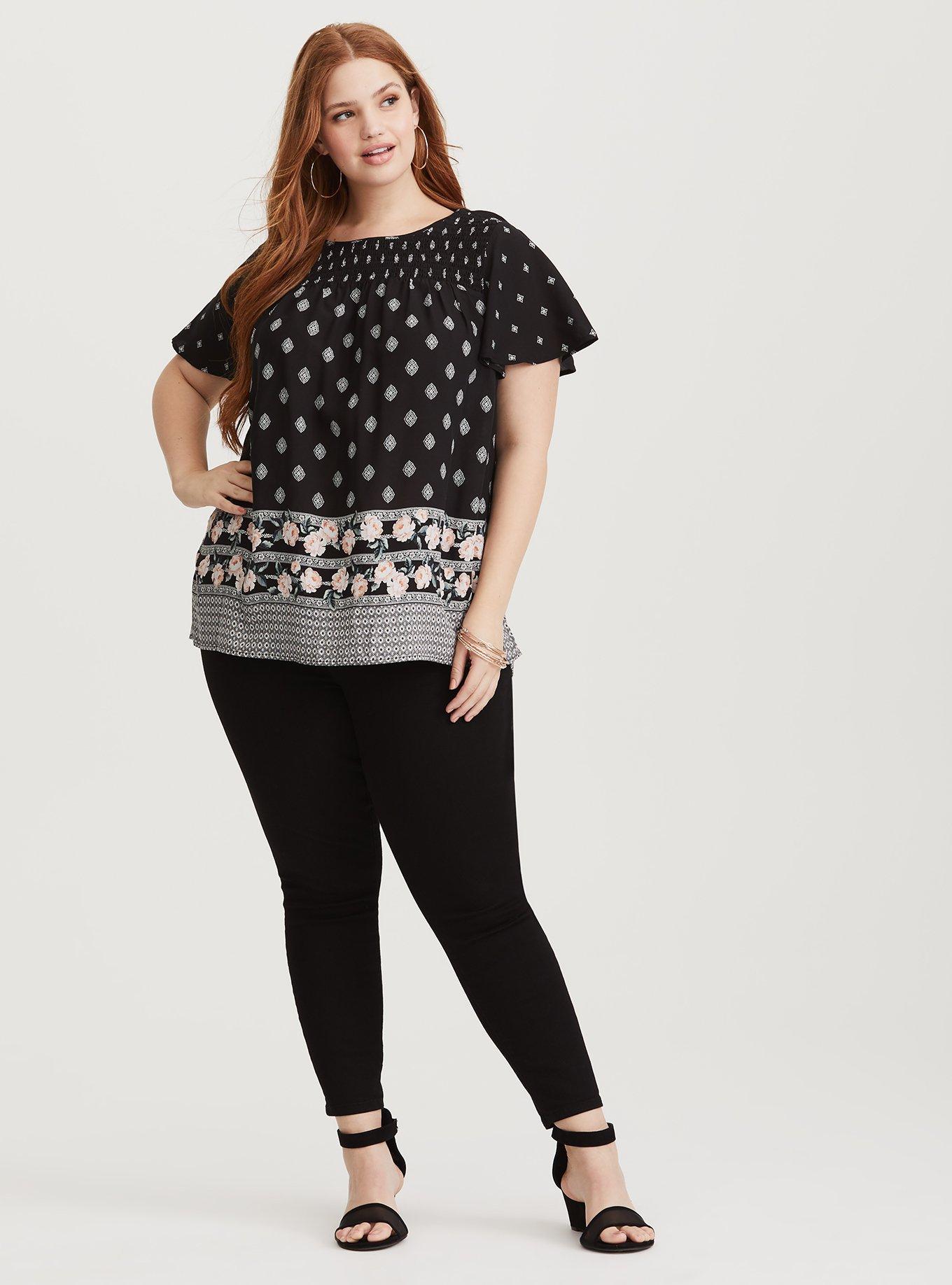 Plus Size Border Print Smocked Challis Blouse, NONEC, alternate