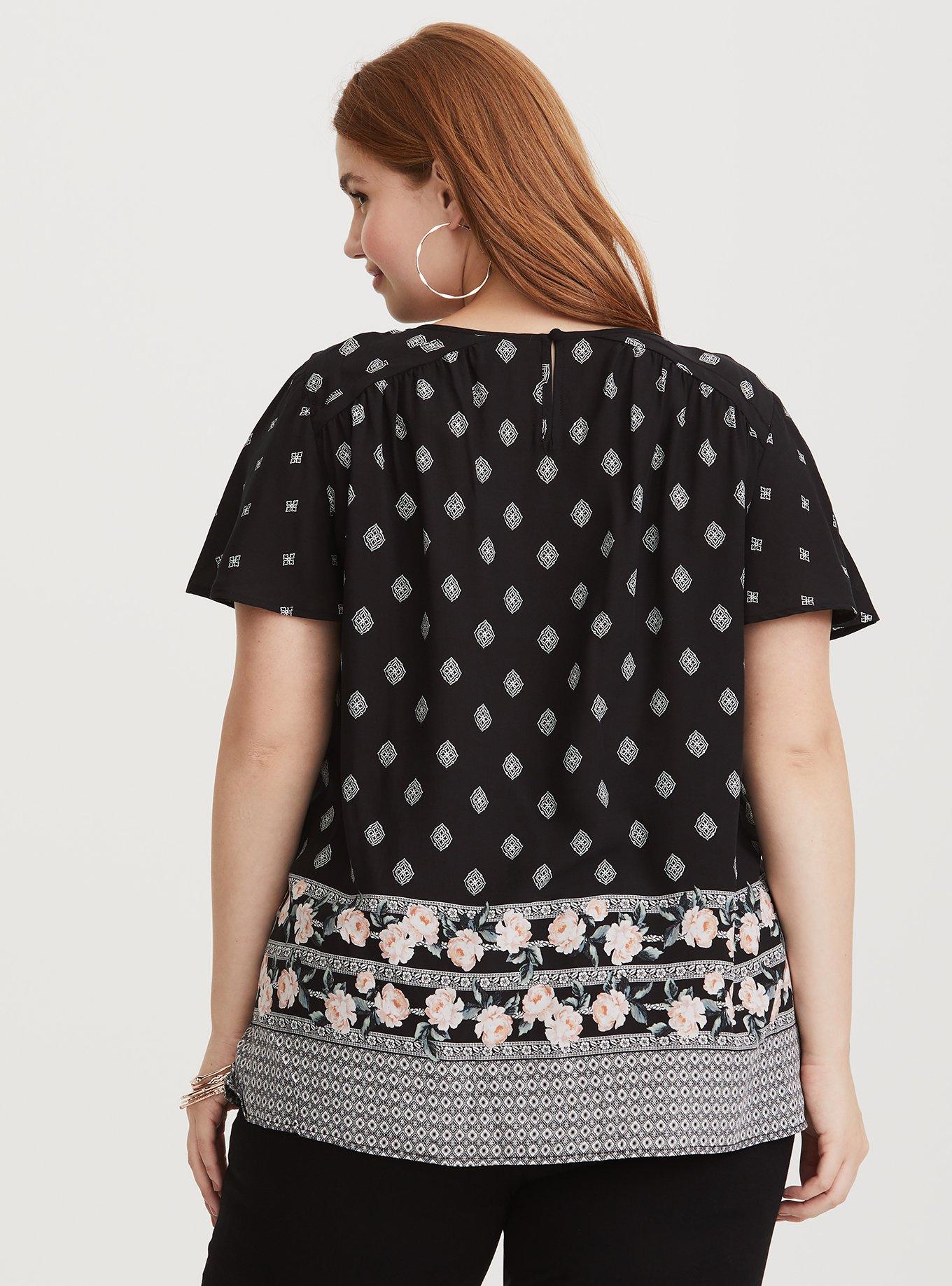 Plus Size Border Print Smocked Challis Blouse, NONEC, alternate