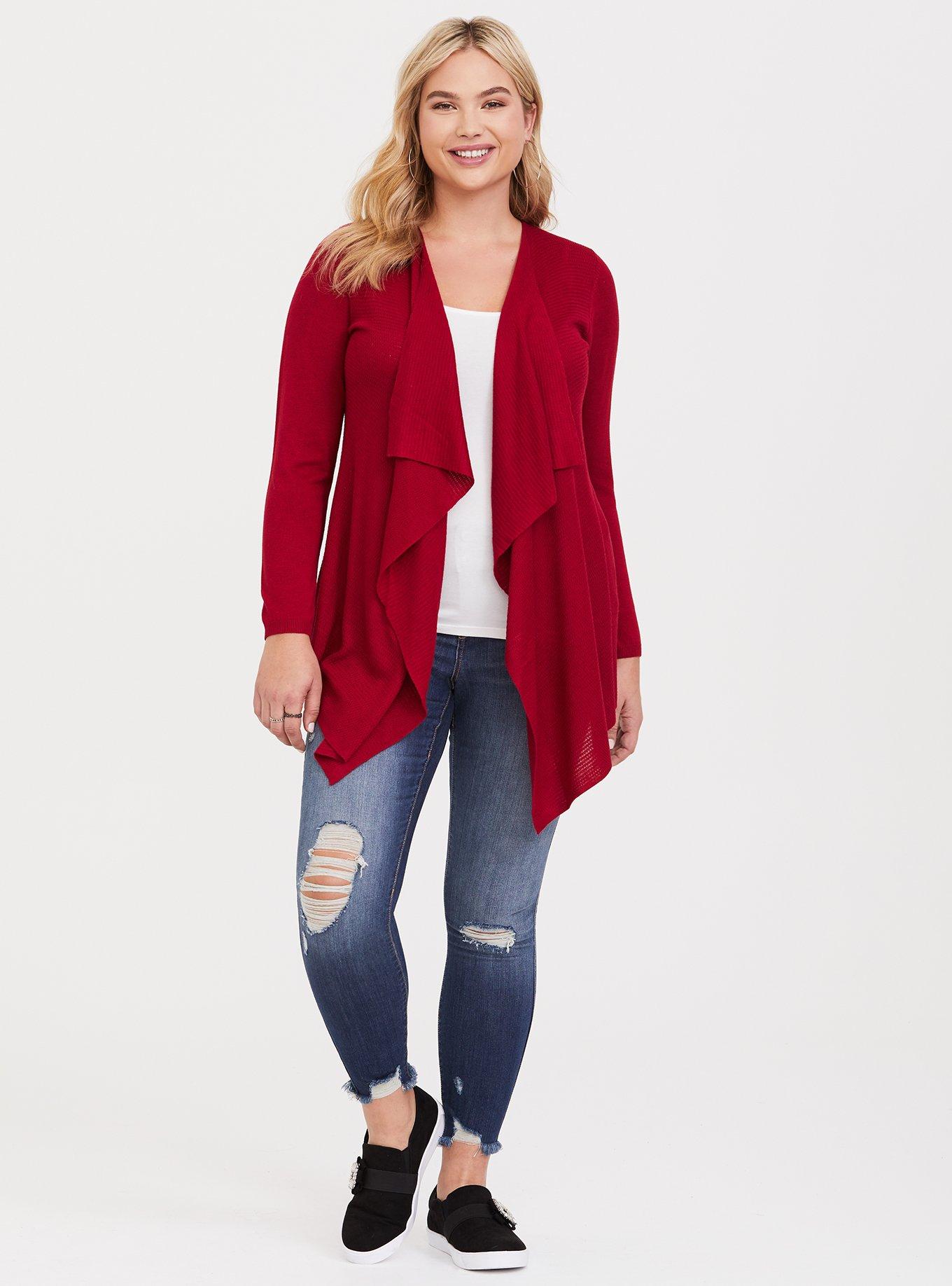 Cardigan Drape Front Sweater, RED, alternate