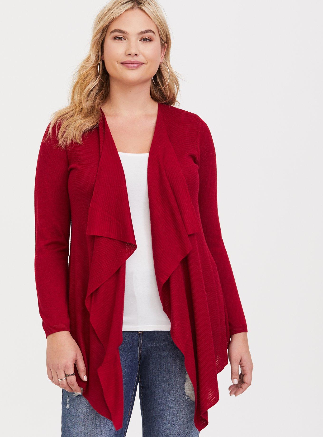 Cardigan Drape Front Sweater, RED, hi-res