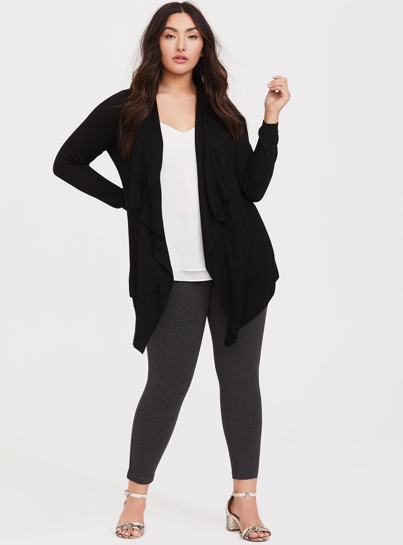 Plus Size Cardigan Drape Front Sweater, ASPHALT, alternate
