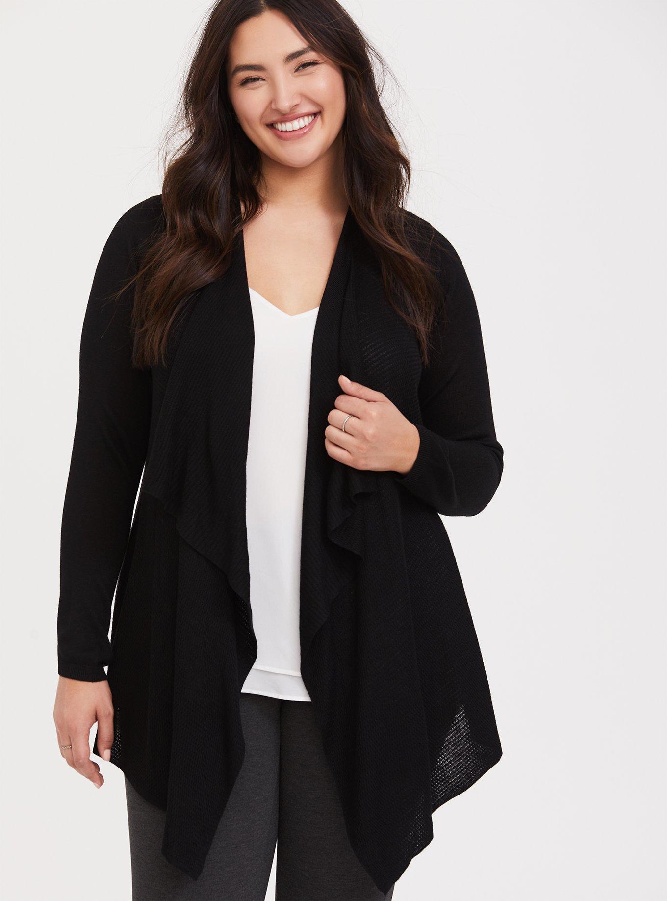 Plus Size Cardigan Drape Front Sweater, ASPHALT, hi-res