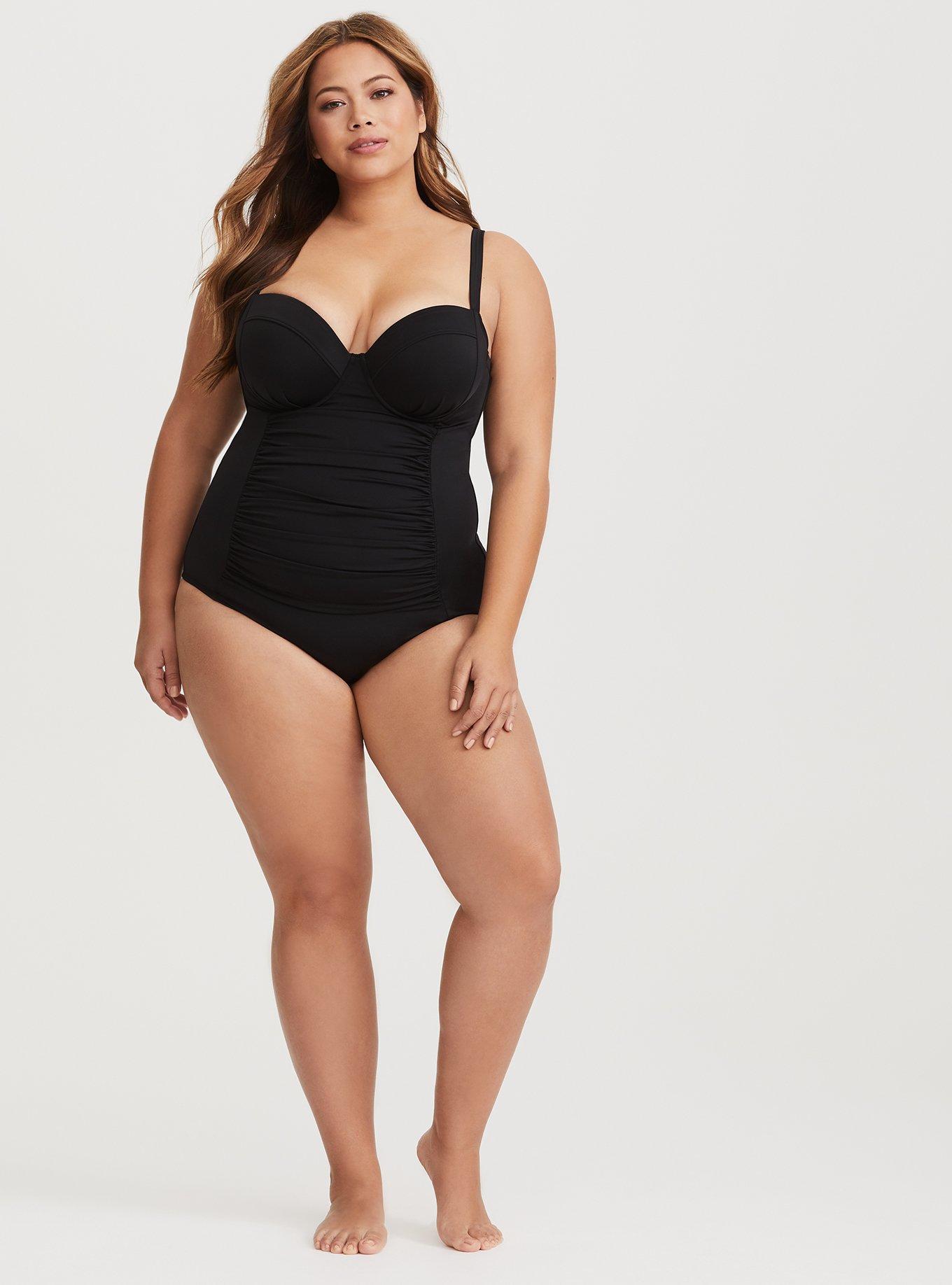 Black Ruched Push-Up Demi One-Piece Swimsuit (Now Available in Full Bust), DEEP BLACK, alternate