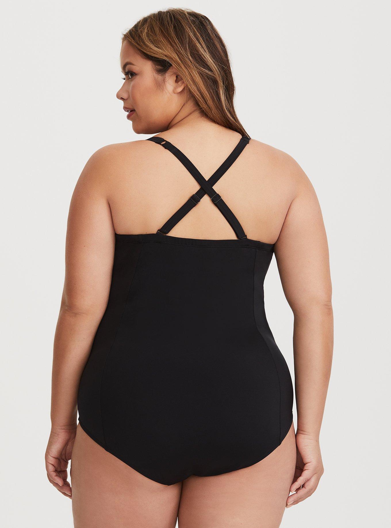 Black Ruched Push-Up Demi One-Piece Swimsuit (Now Available in Full Bust), DEEP BLACK, alternate
