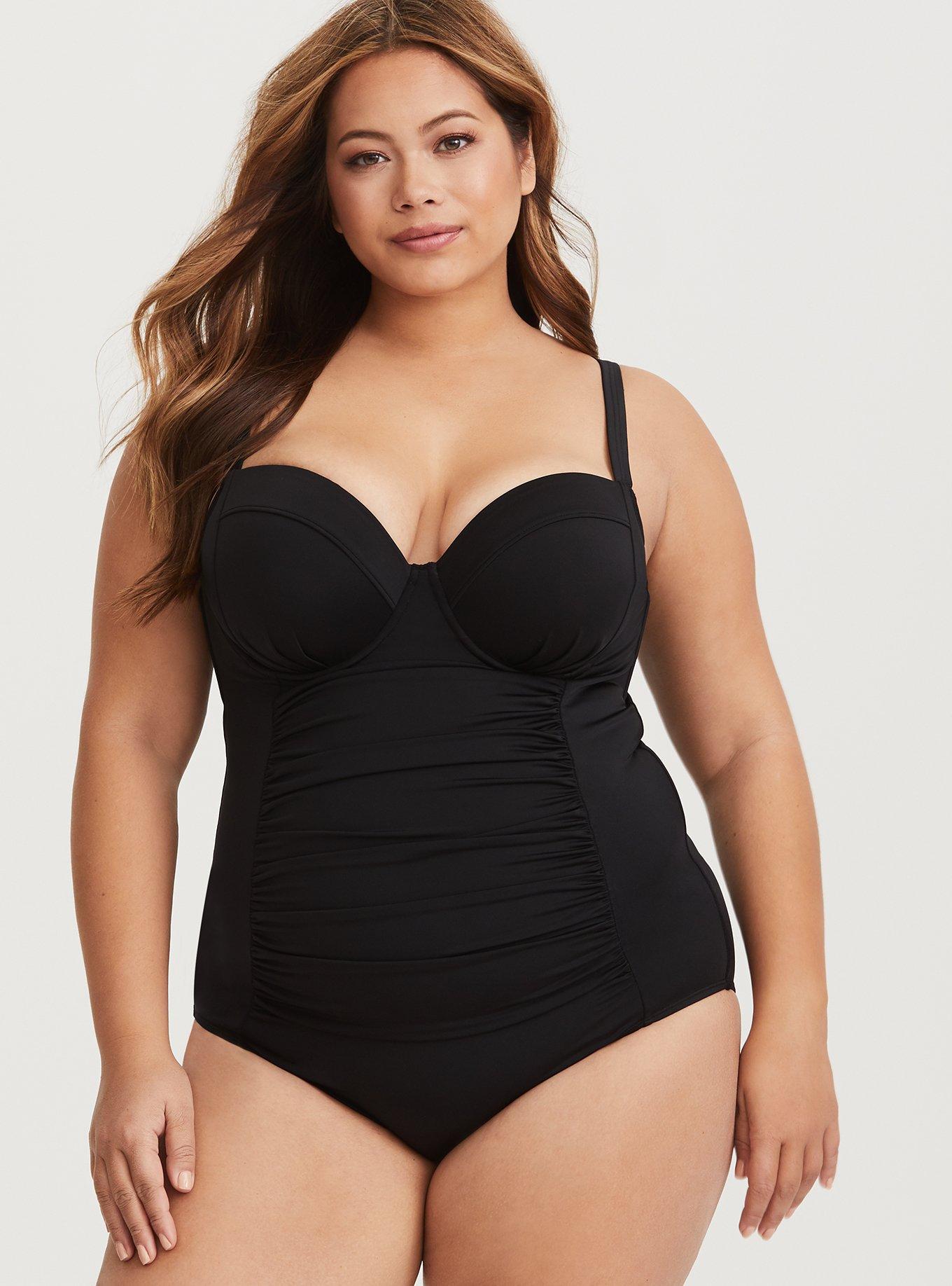 Plus Size Black Ruched Mesh Tummy Control Swimsuit