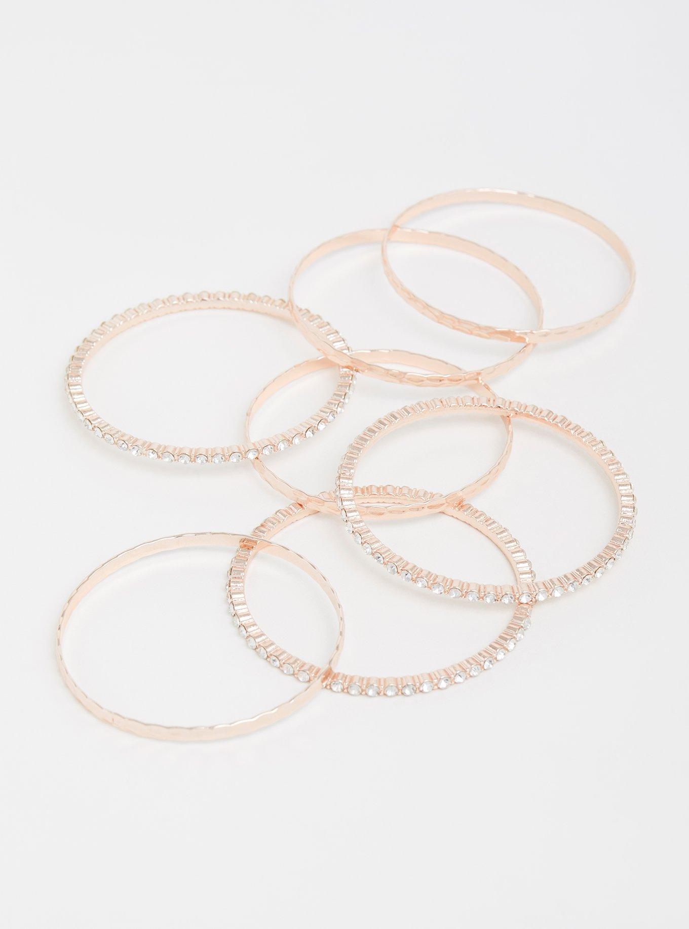 Plus Size Rose Gold Hammered & Pave Studded Bangles - Set of 7, ROSE GOLD, alternate