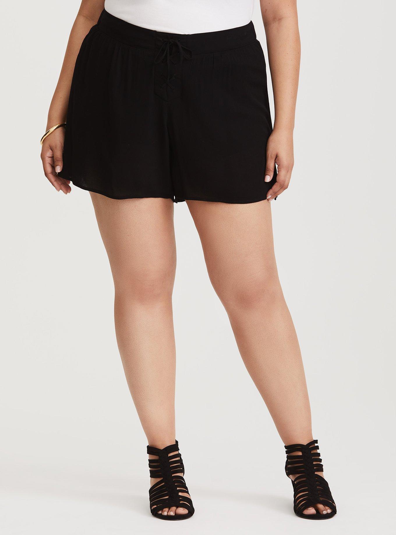Plus Size Black Crepe Lace-Up Short, DEEP BLACK, alternate