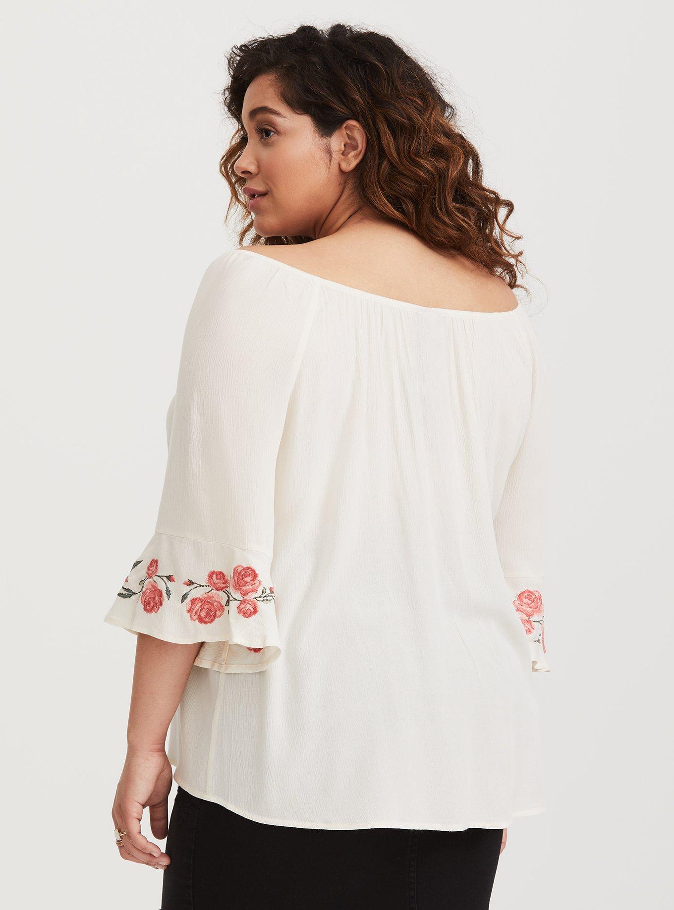 Plus Size - Embroidered Square Neck Flutter Short Sleeve Top - Torrid