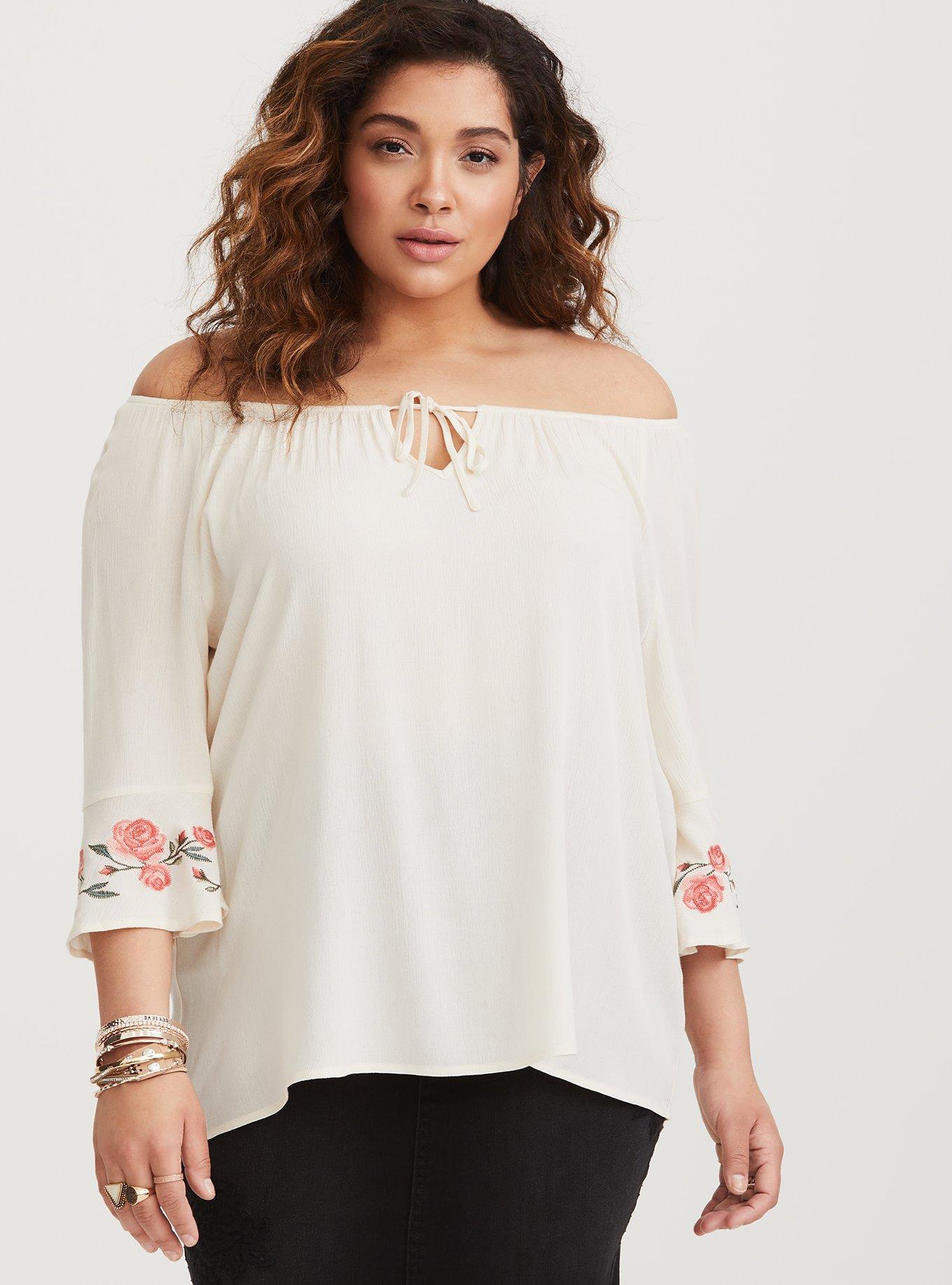 Plus Size - Ivory Floral Embroidered Gauze Peasant Blouse - Torrid