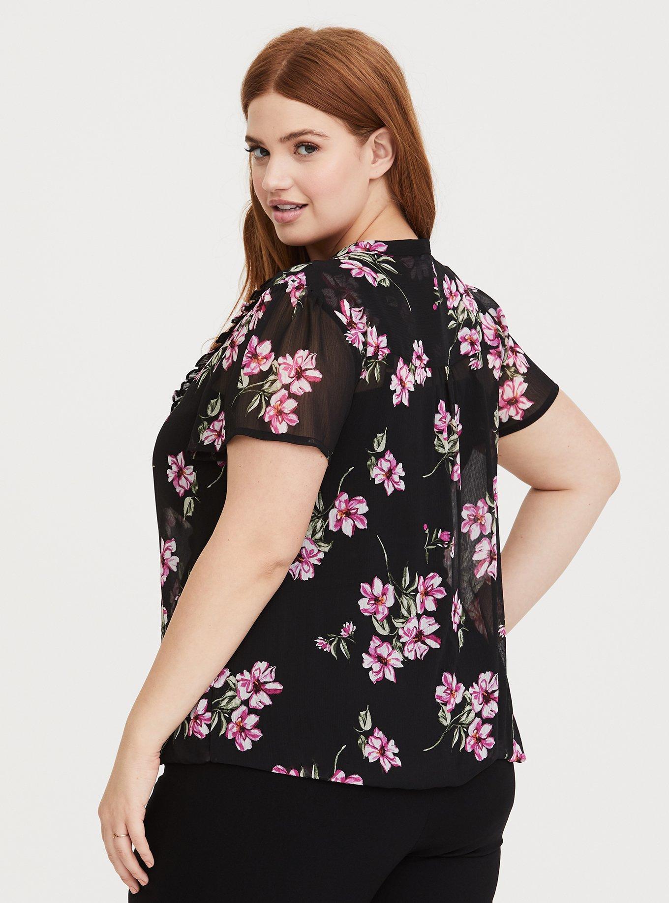 Plus Size - Black Floral Bubble Hem Chiffon Blouse - Torrid