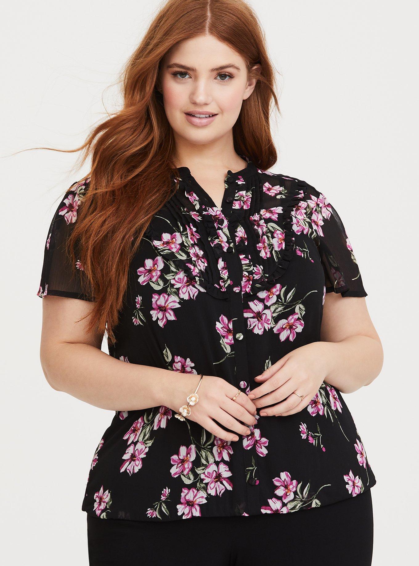 Plus Size - Black Floral Bubble Hem Chiffon Blouse - Torrid