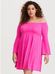 Plus Size Bright Pink Jersey Skater Mini Dress, NEON FUCHSIA, hi-res