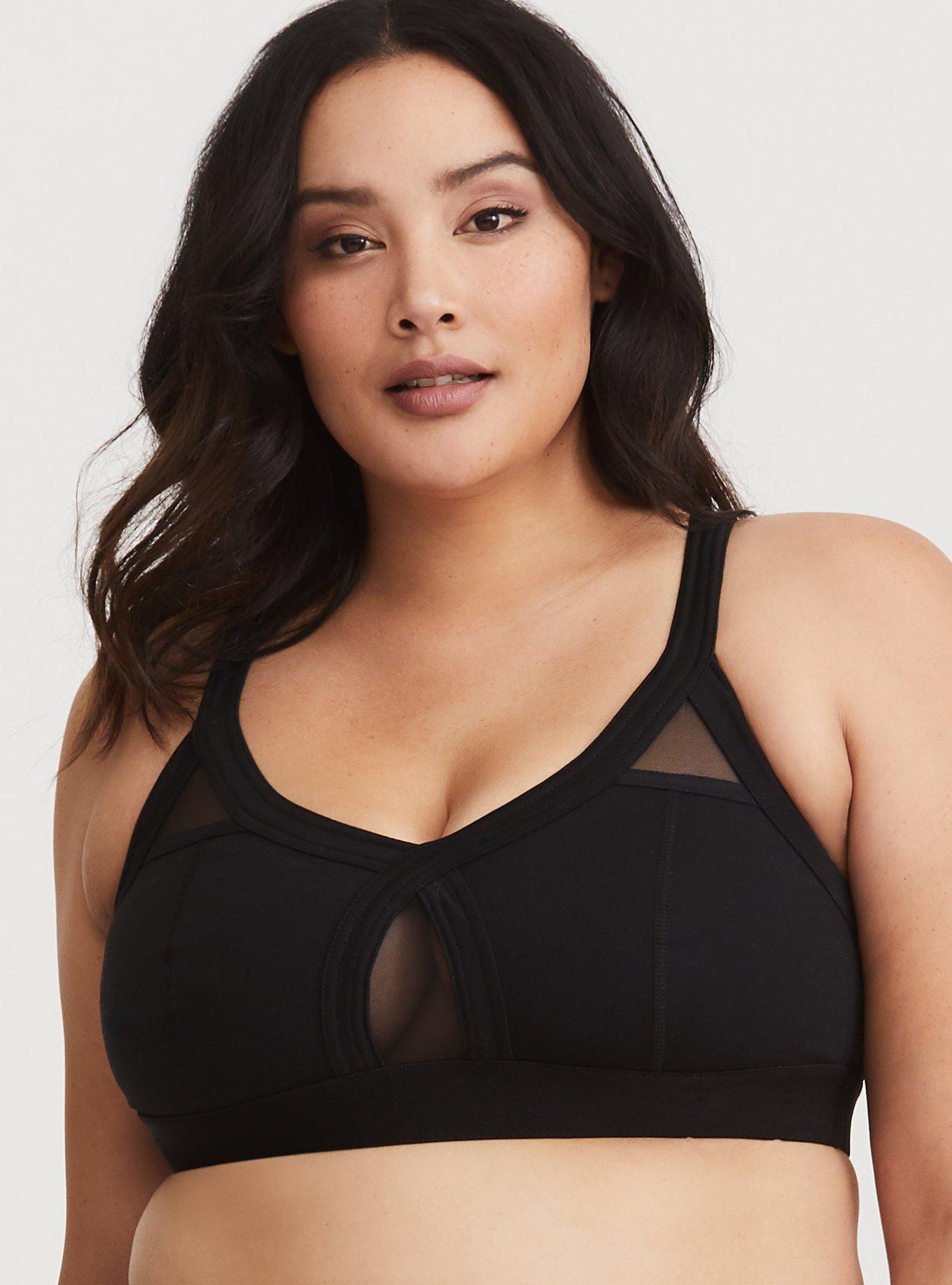 Plus Size Black Mesh Sports Bra, BLACK, hi-res