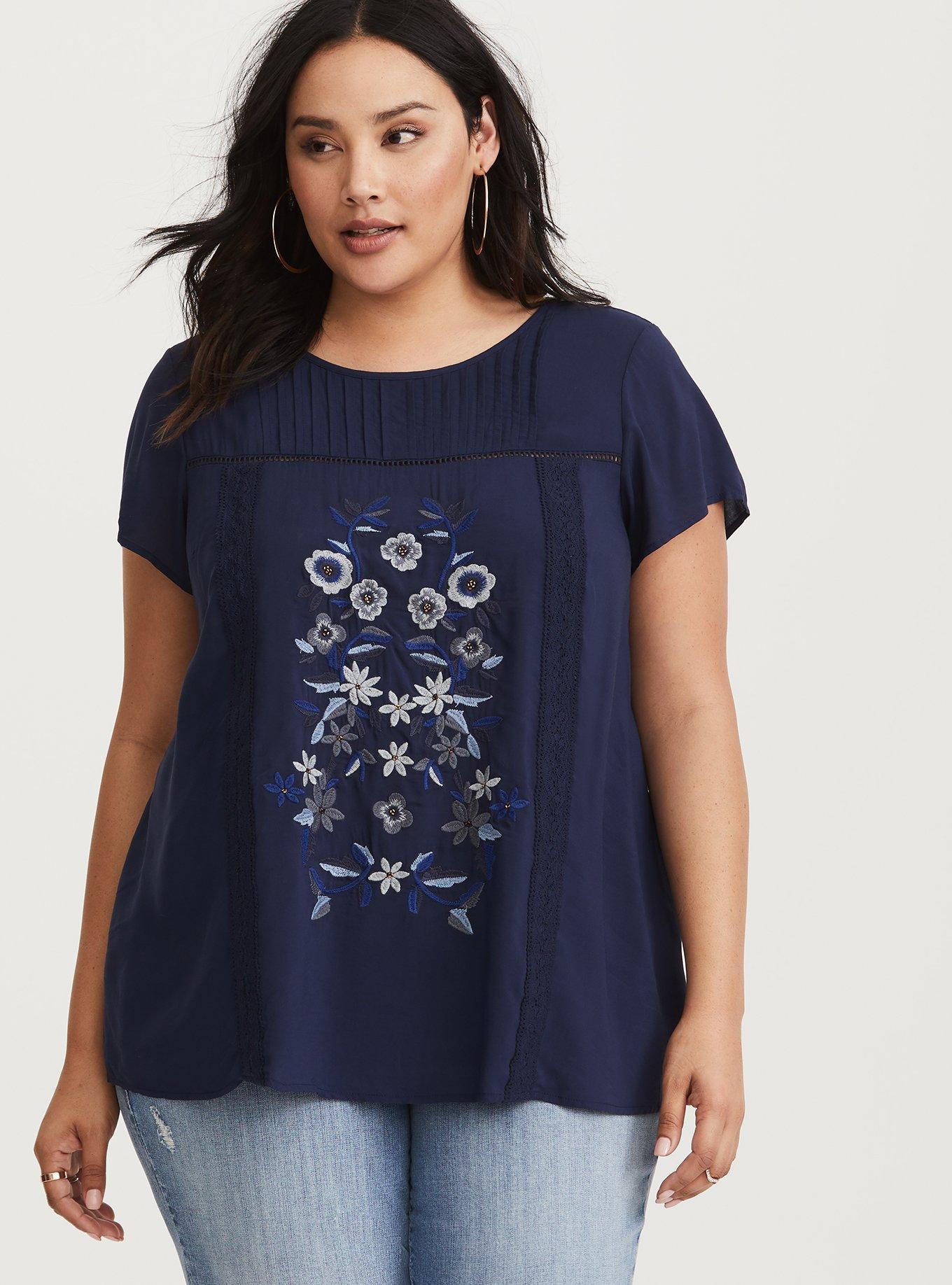 Plus Size - Navy Floral Pintuck Challis Blouse - Torrid