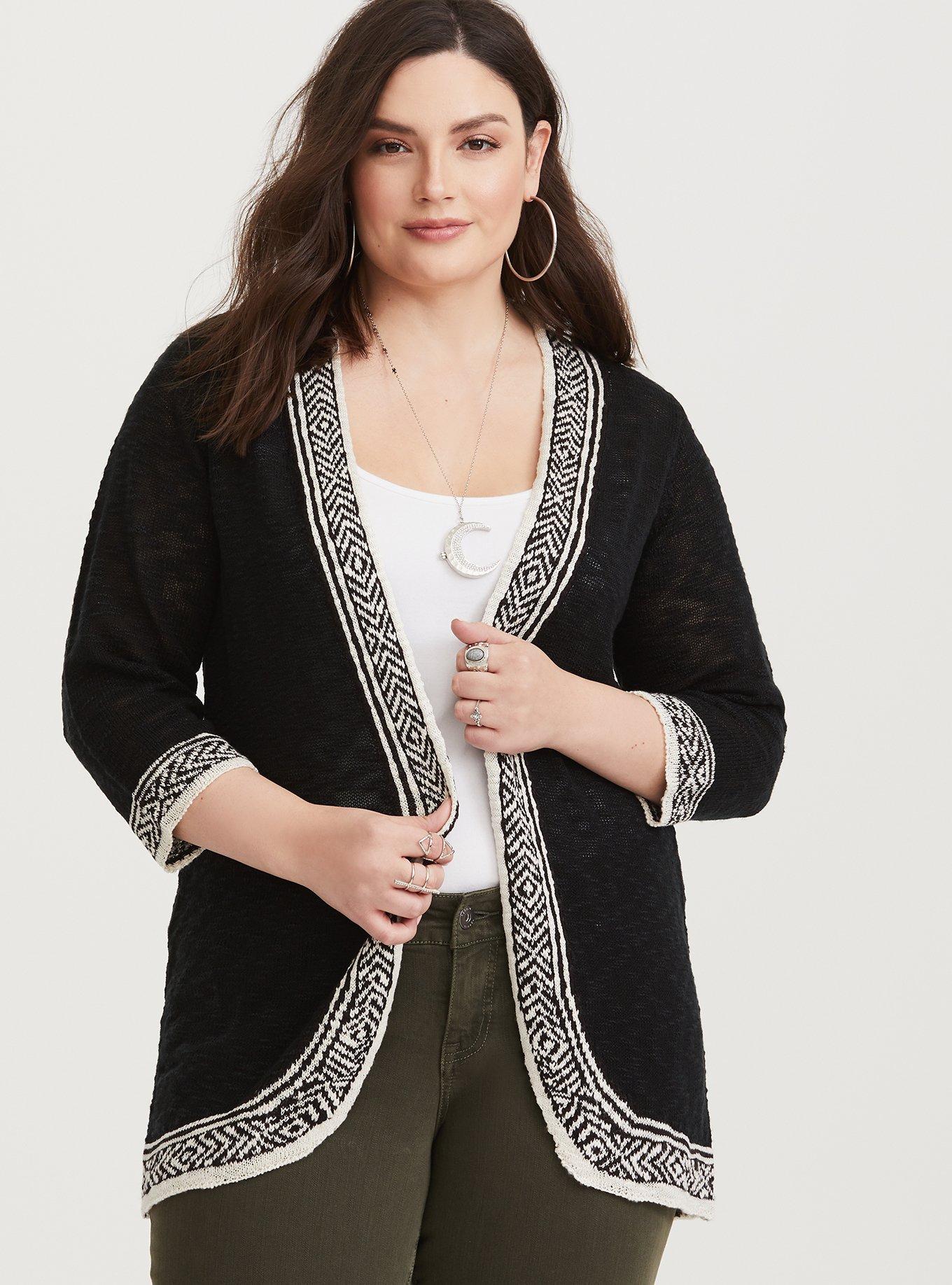 Plus Size - Black & White Border Trim Cardigan - Torrid