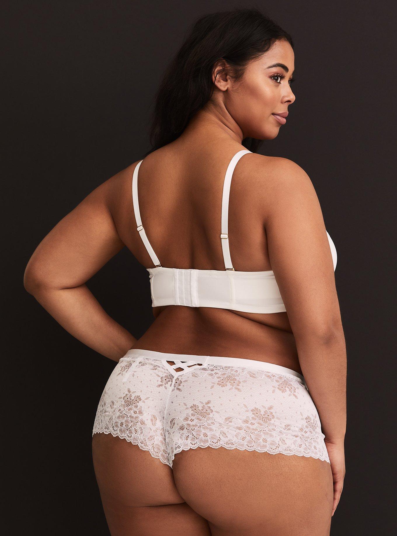 Plus Size Lace Mid-Rise Cheeky Mini Lattice Back Panty, BRIGHT WHITE, alternate