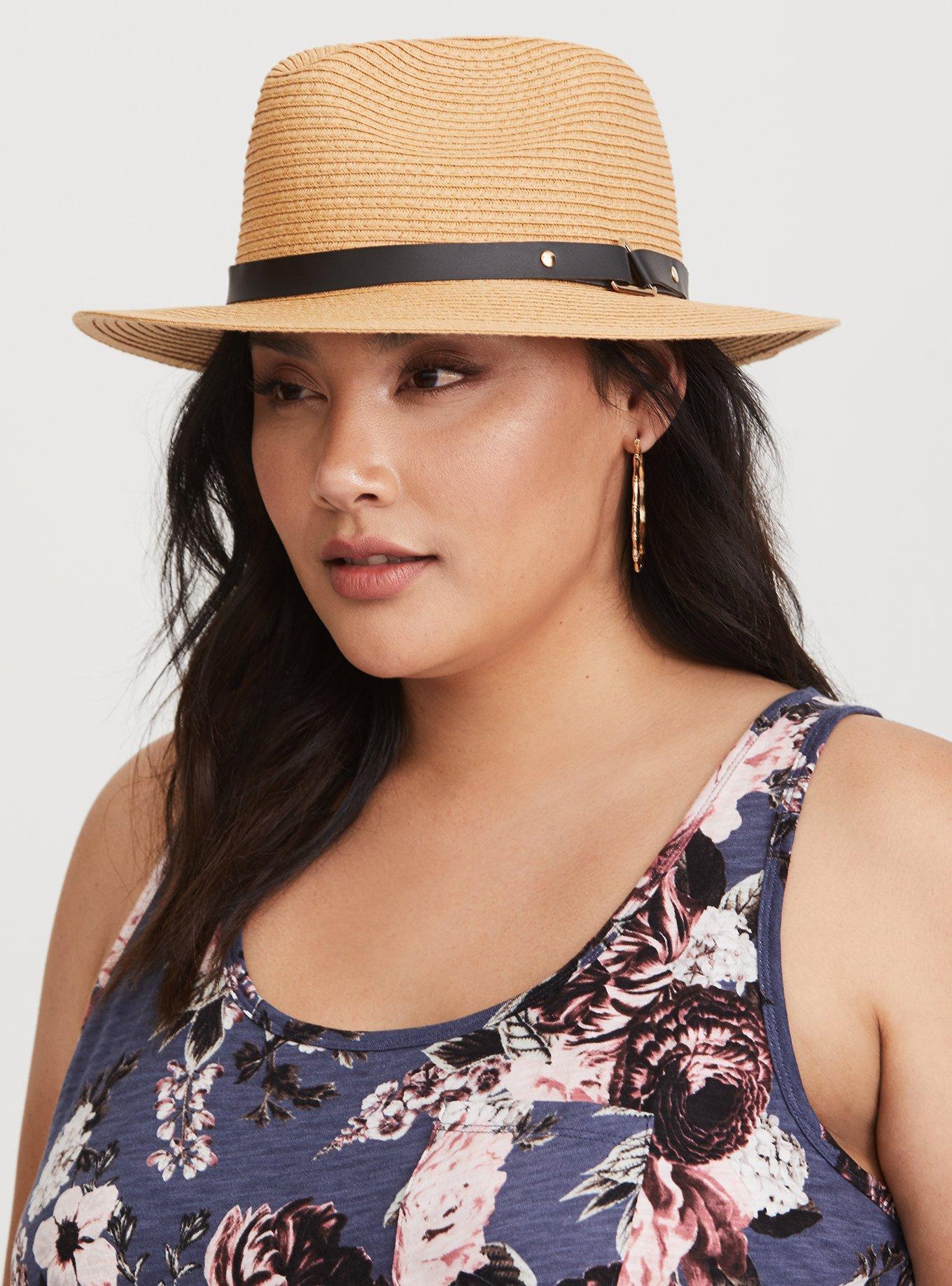 Plus Size Natural Faux Leather Trim Fedora, , hi-res
