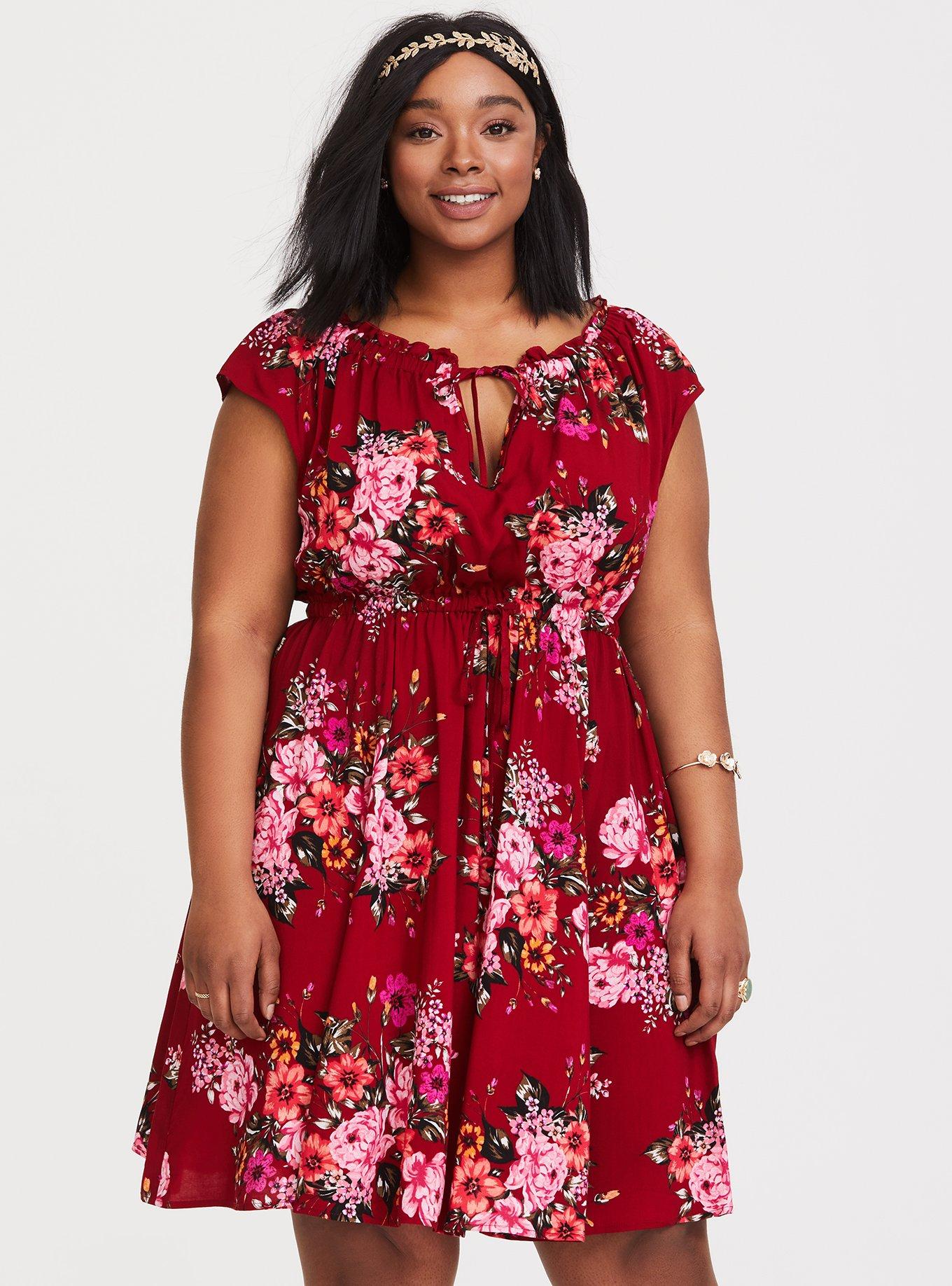 Red floral cheap skater dress