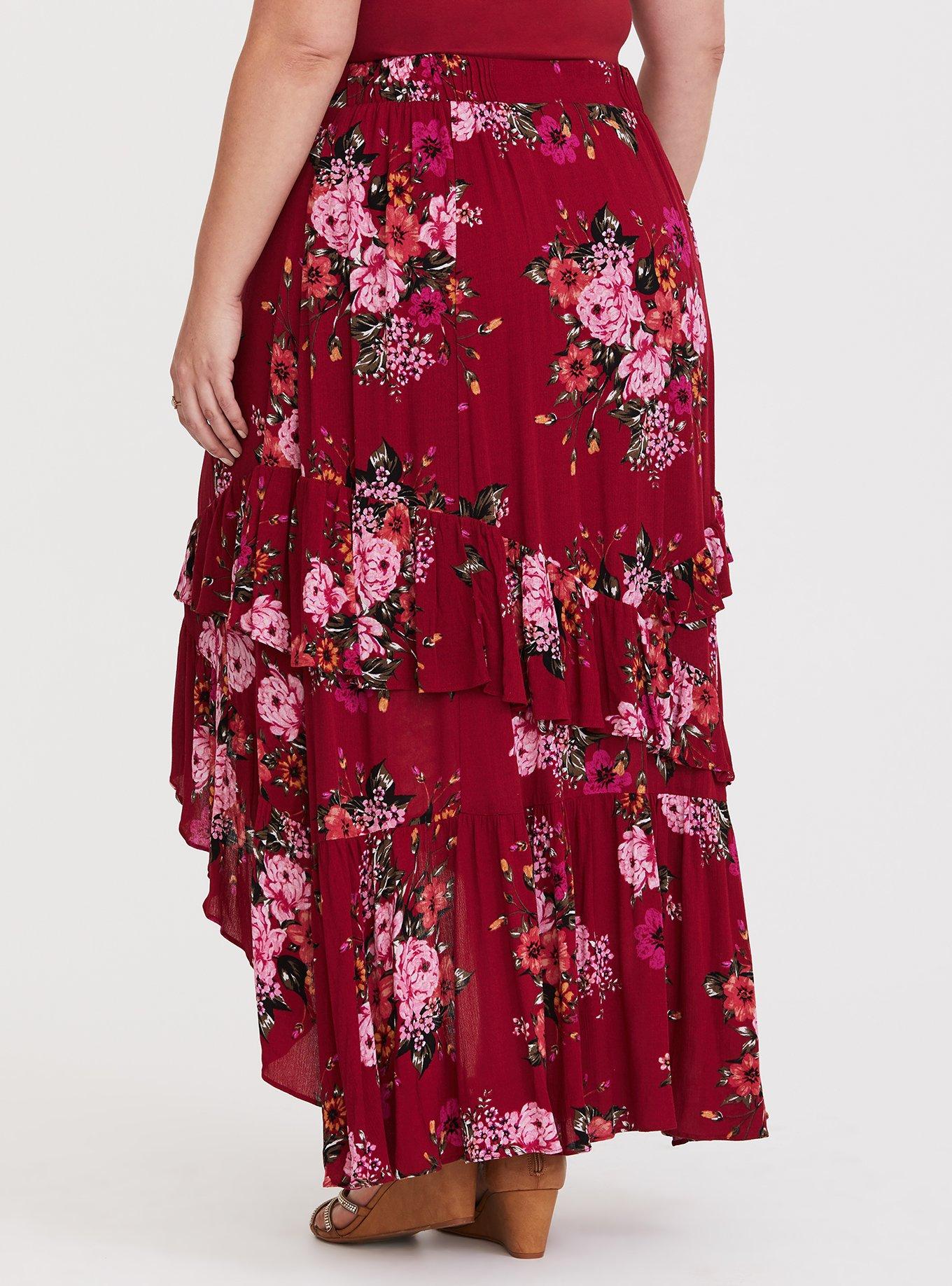 Plus Size - Red Floral Hi-Lo Gauze Skirt - Torrid