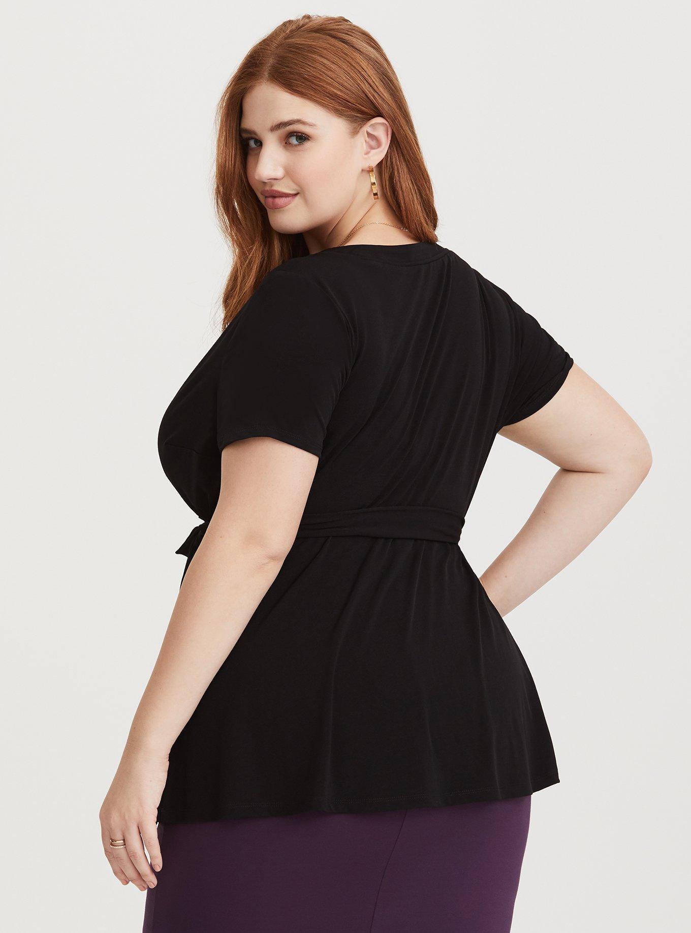 Plus Size Studio Knit Surplice Wrap Top, BLACK, alternate