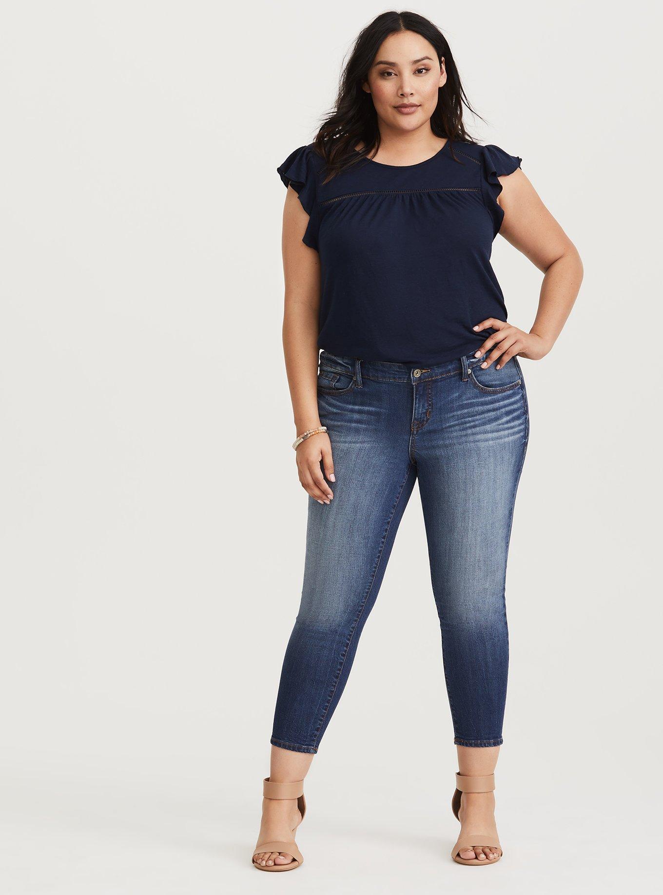 Plus Size Navy Eyelet Ruffle Sleeve Top, PEACOAT, alternate