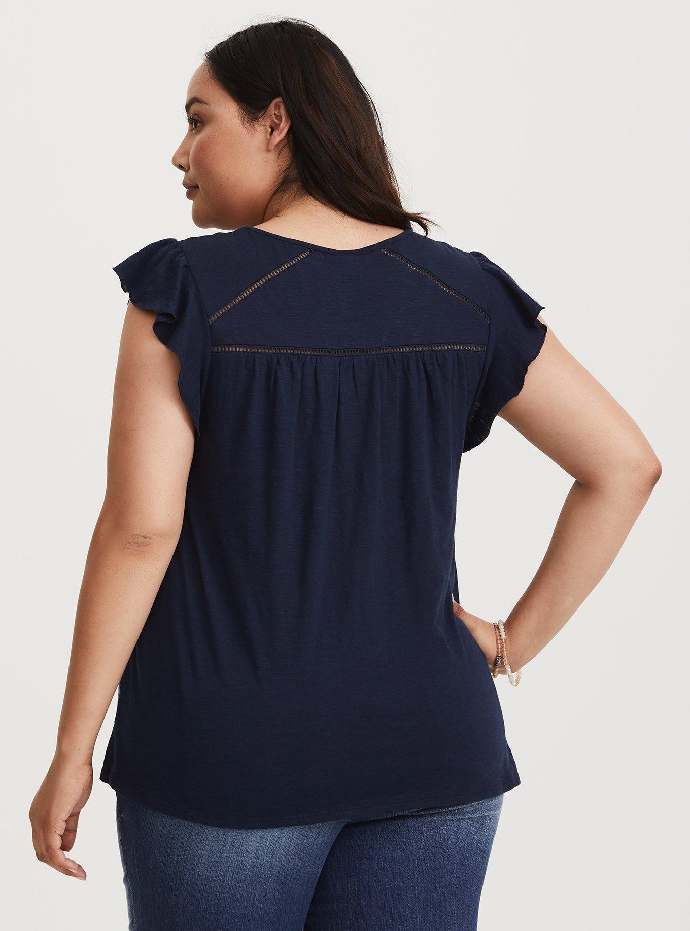 Plus Size Navy Eyelet Ruffle Sleeve Top, PEACOAT, alternate