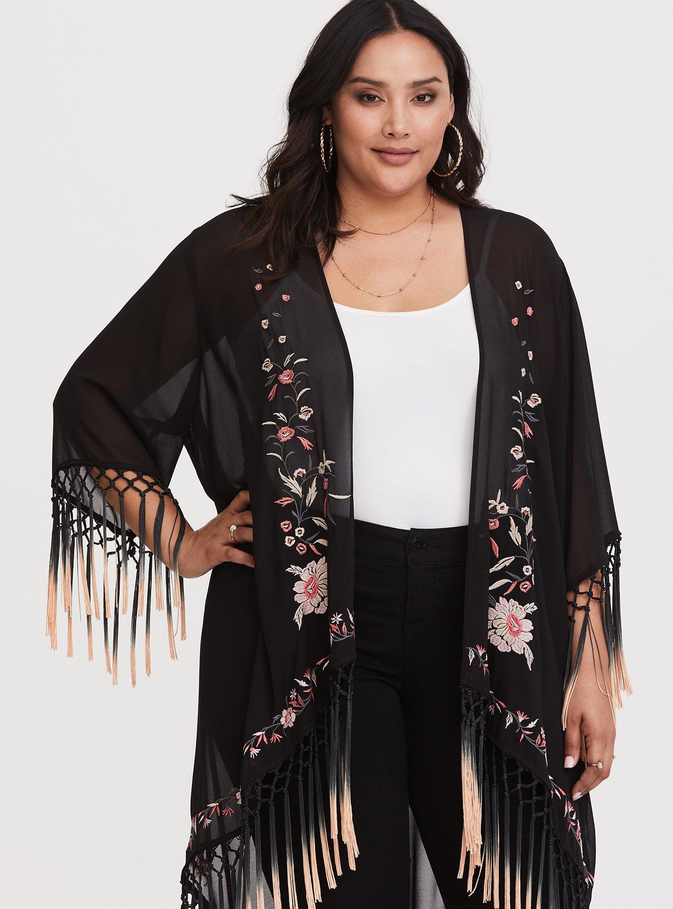 Plus Size Chiffon Fringe Hem Kimono, DEEP BLACK, alternate