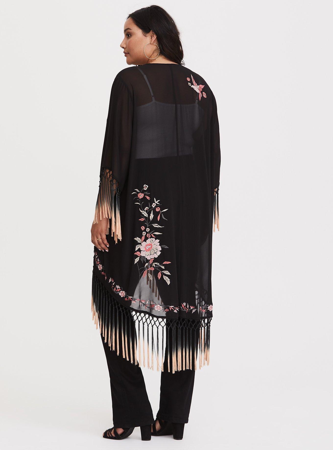 Plus Size Chiffon Fringe Hem Kimono, DEEP BLACK, alternate