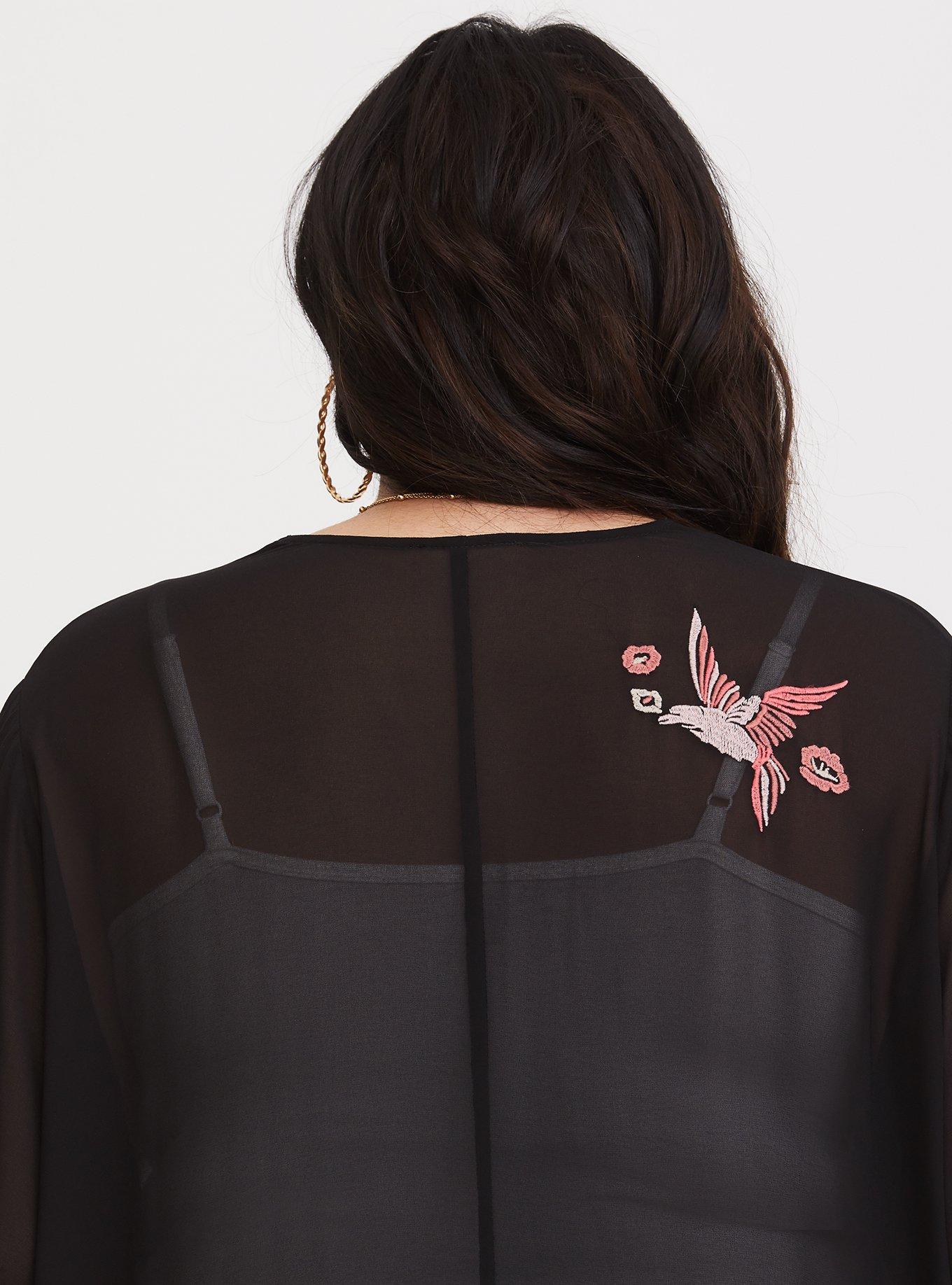 Plus Size Chiffon Fringe Hem Kimono, DEEP BLACK, alternate