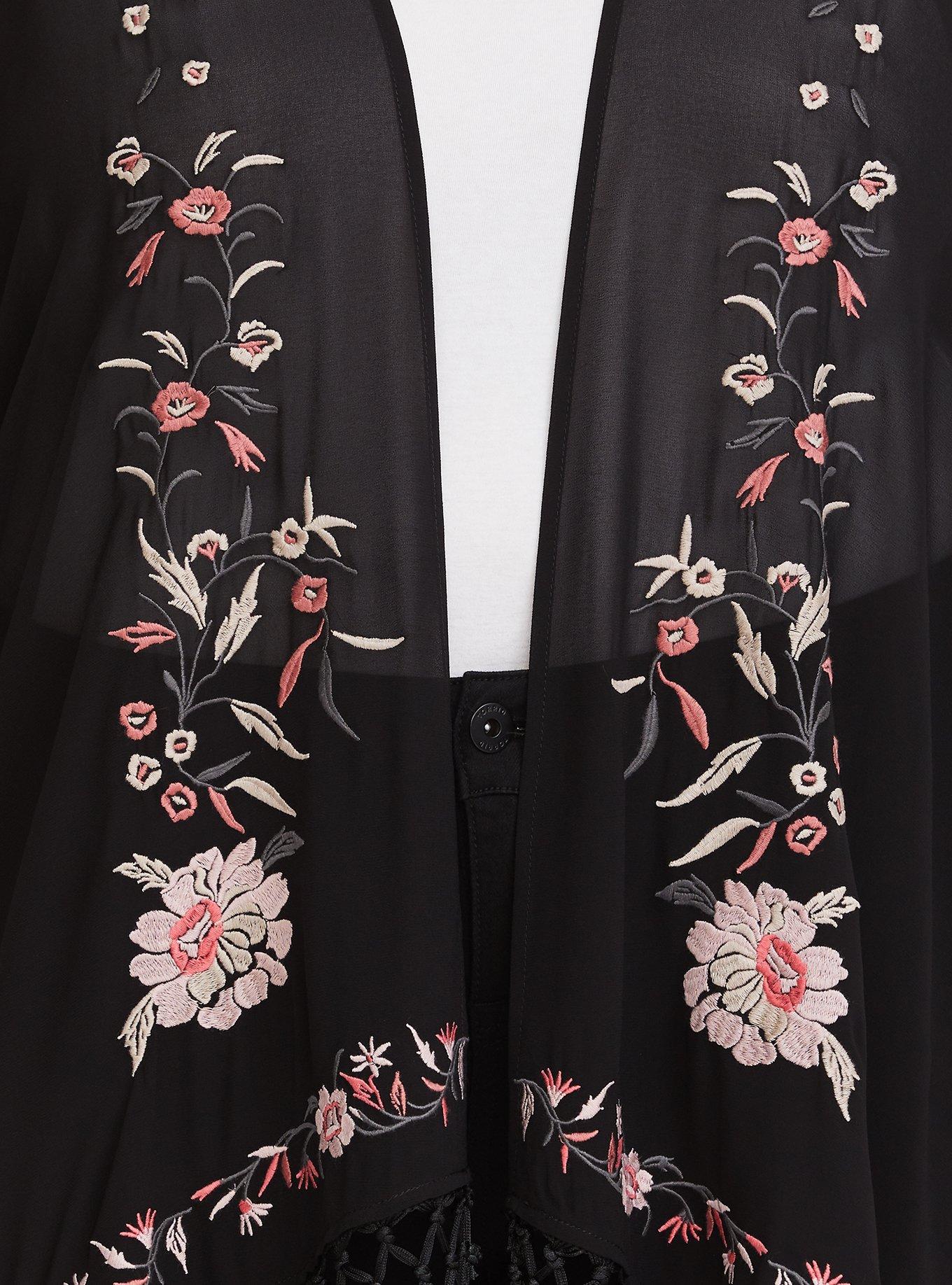 Plus Size Chiffon Fringe Hem Kimono, DEEP BLACK, alternate