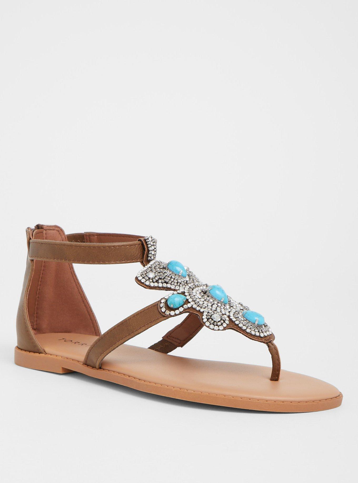 Brown Turquoise Stone T-Strap Sandal (WW), , hi-res