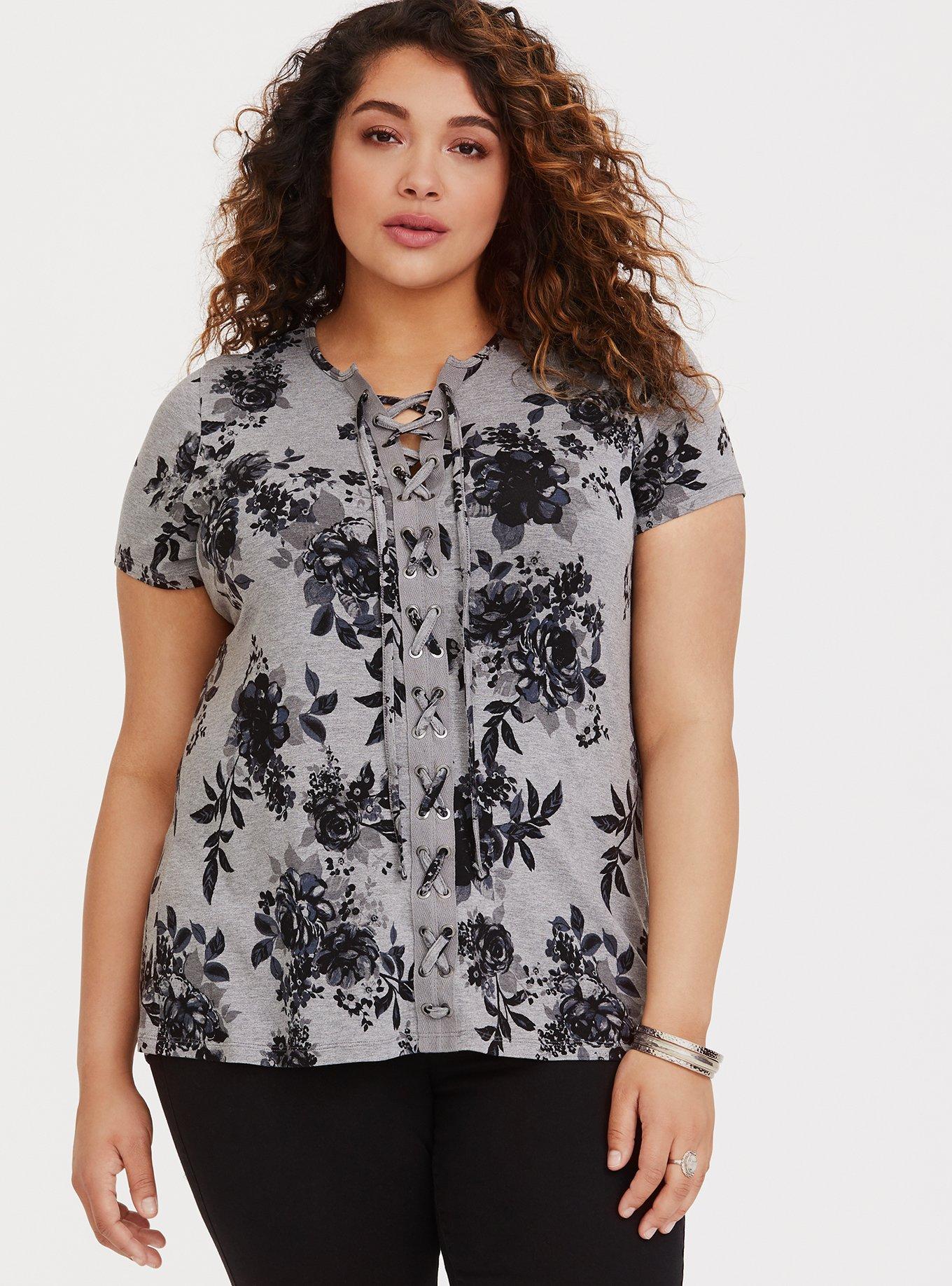 Plus Size Super Soft Grey Lace-Up Tee, FLORAL BLOOM, alternate
