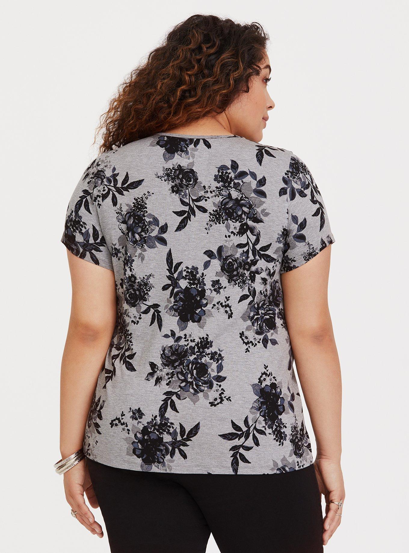 Plus Size Super Soft Grey Lace-Up Tee, FLORAL BLOOM, alternate